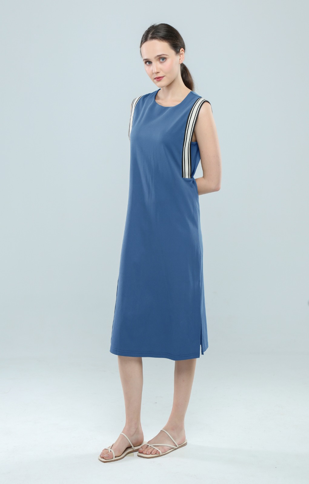 E8083BD Elara Stripe Shoulder Midi Dress