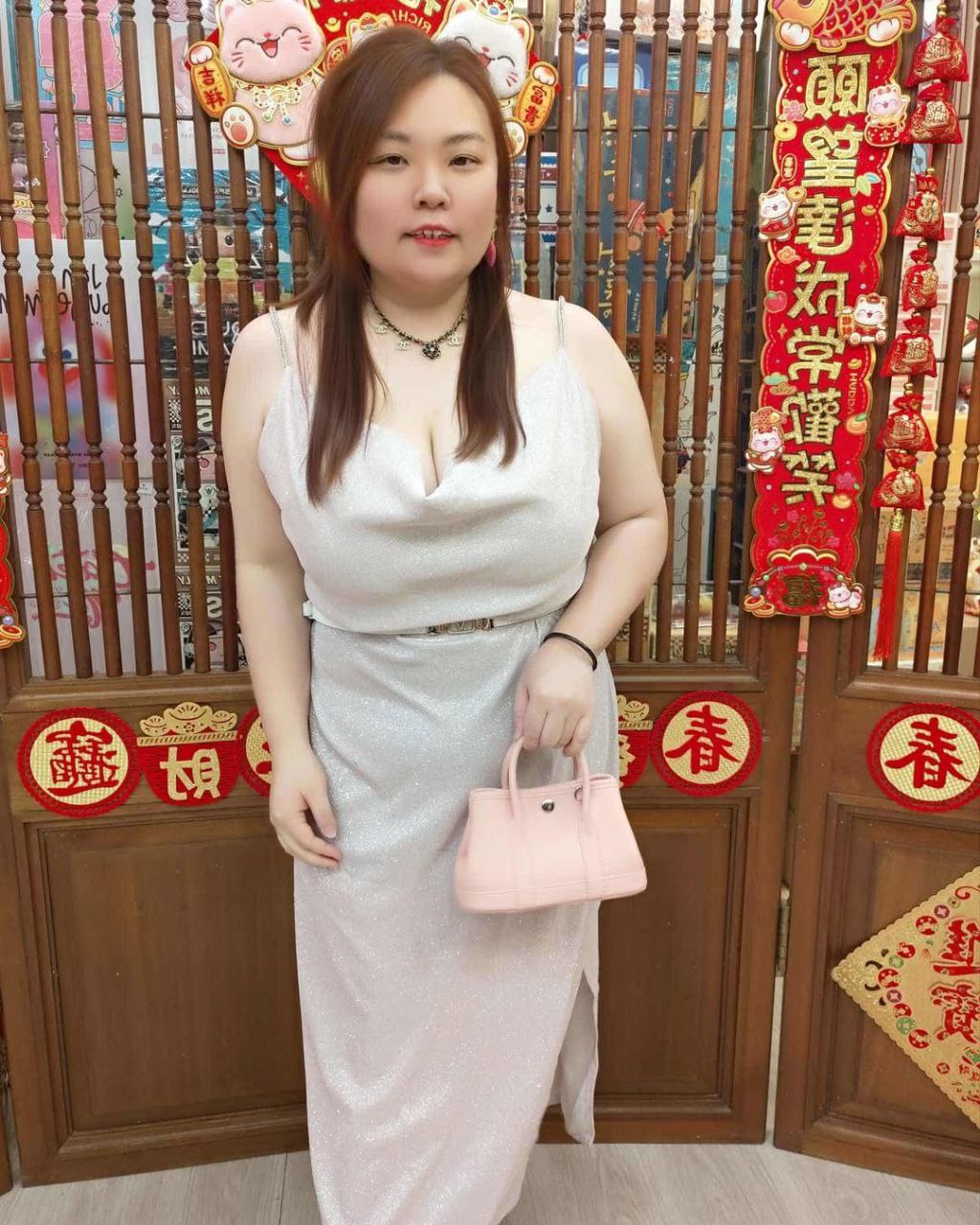 AA09 细吊带亮粉边开叉修身长礼服