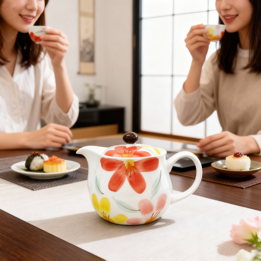 【日本製】美濃燒陶瓷手繪大紅花蛋型茶壺 (520ml)