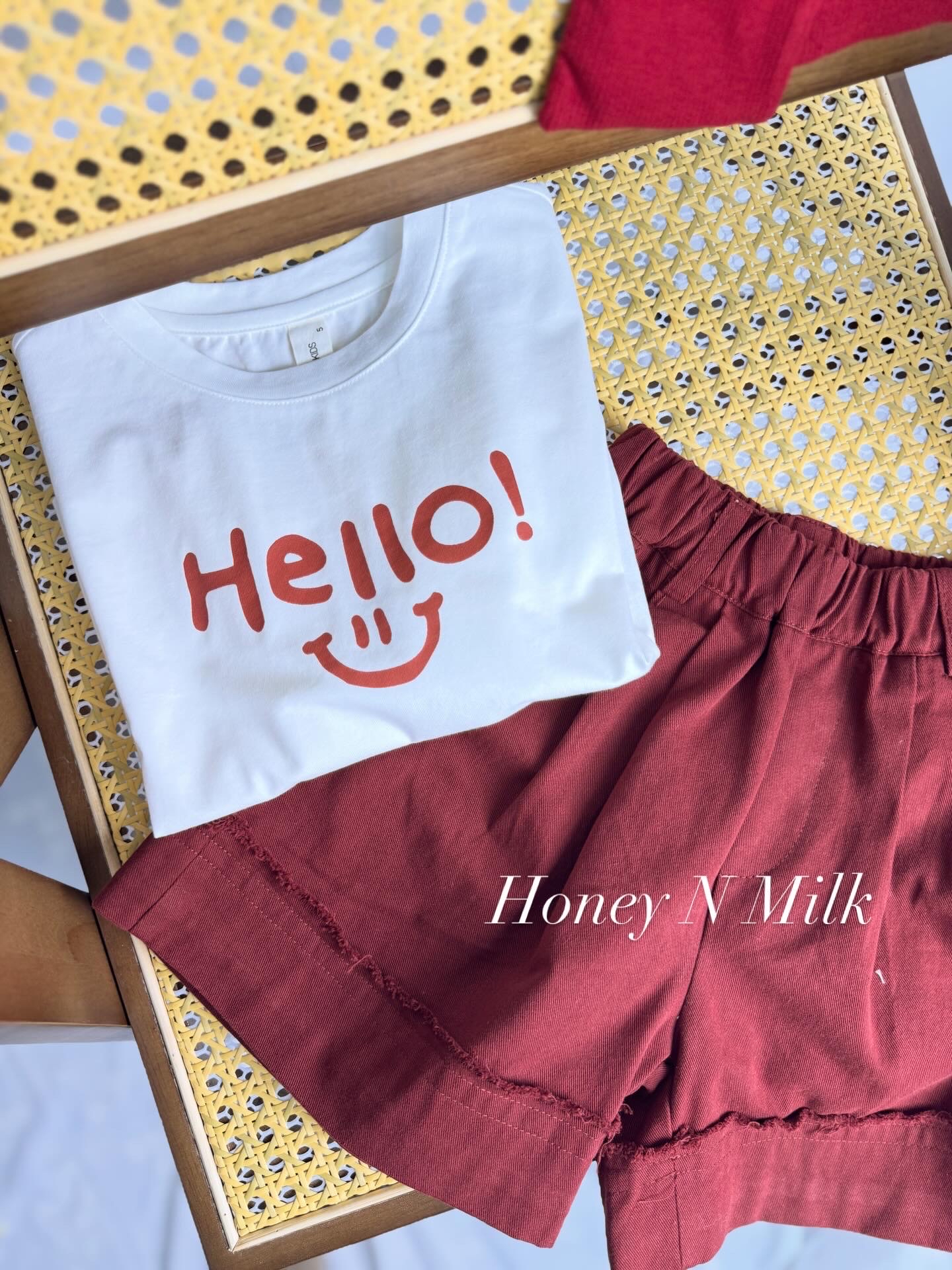 DM HELLO Set (White Top & Red Shorts)