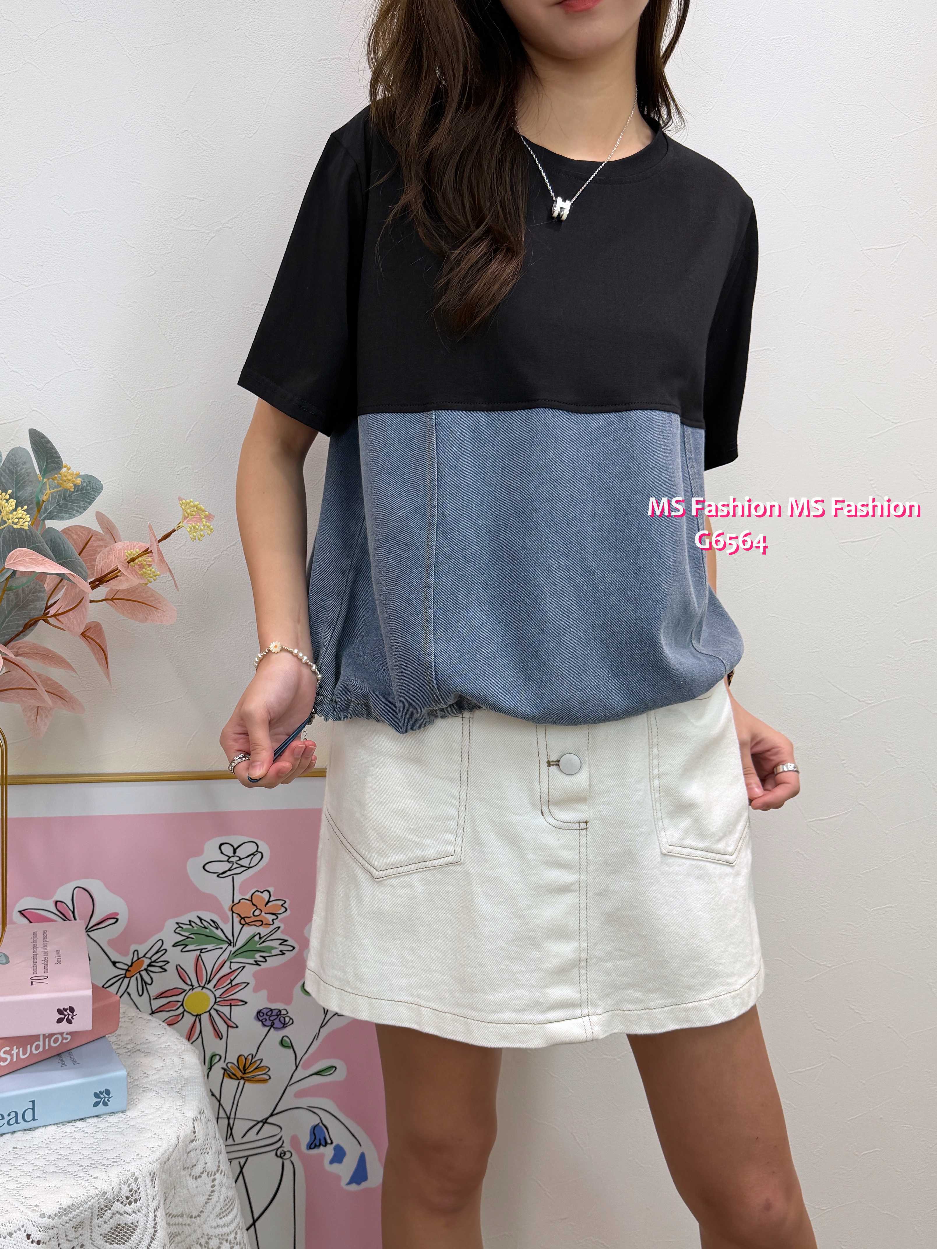 G6564 牛仔拼布top