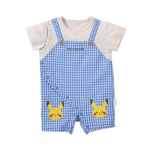 🇯🇵預訂 日本直送🇯🇵Monpoke比卡超刺繡貼花藍色格紋吊帶短袖連身服