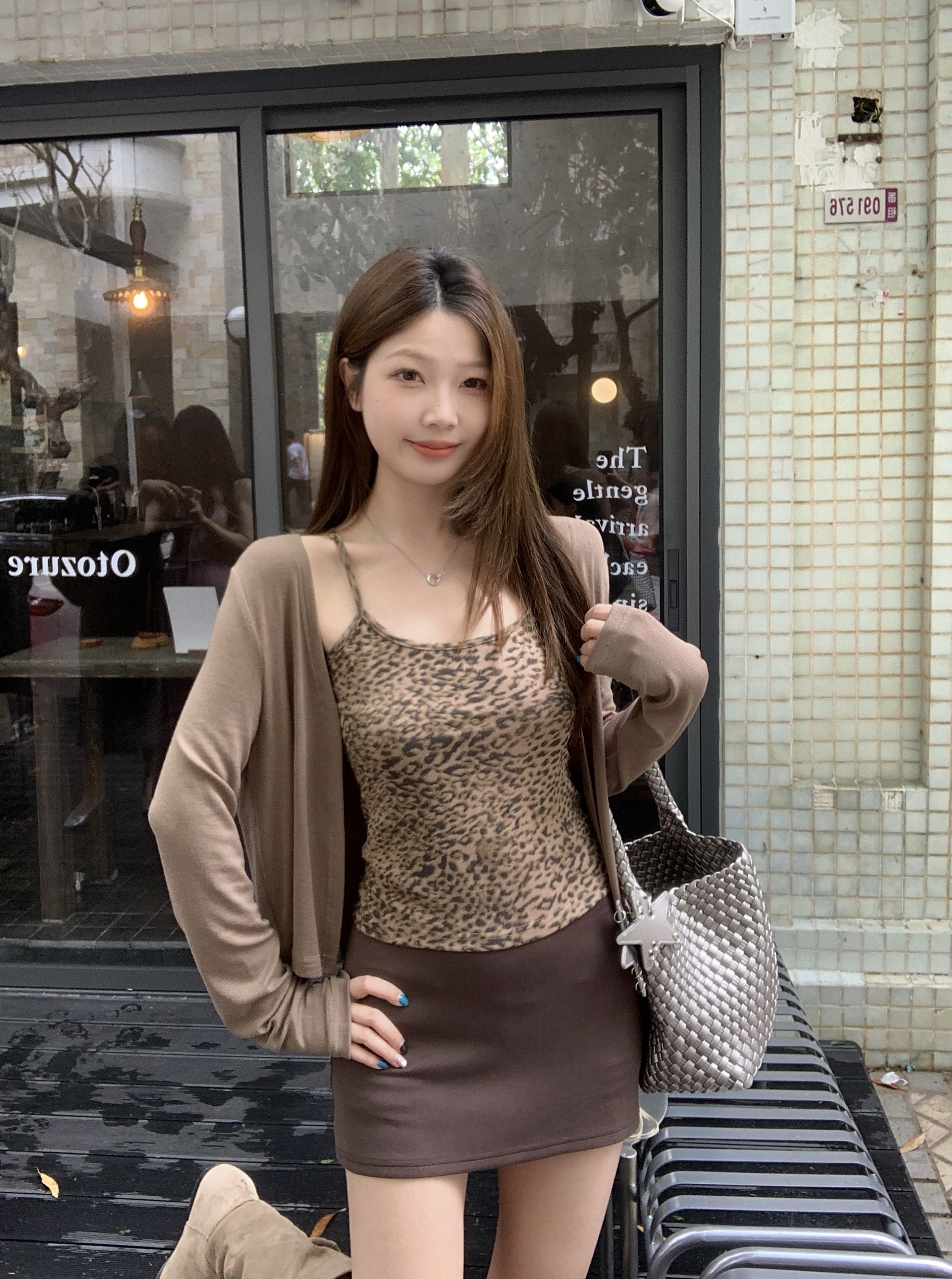 B142(9003) 美式辣妹豹纹吊带与开衫咖两件套上衣