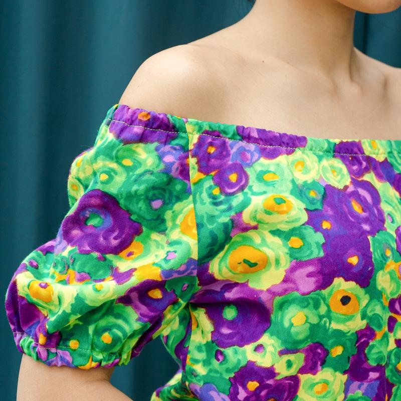 C.a. 1960s Violet & Green Floral Pattern Handmade Two Way Top from Canada(MT1514)