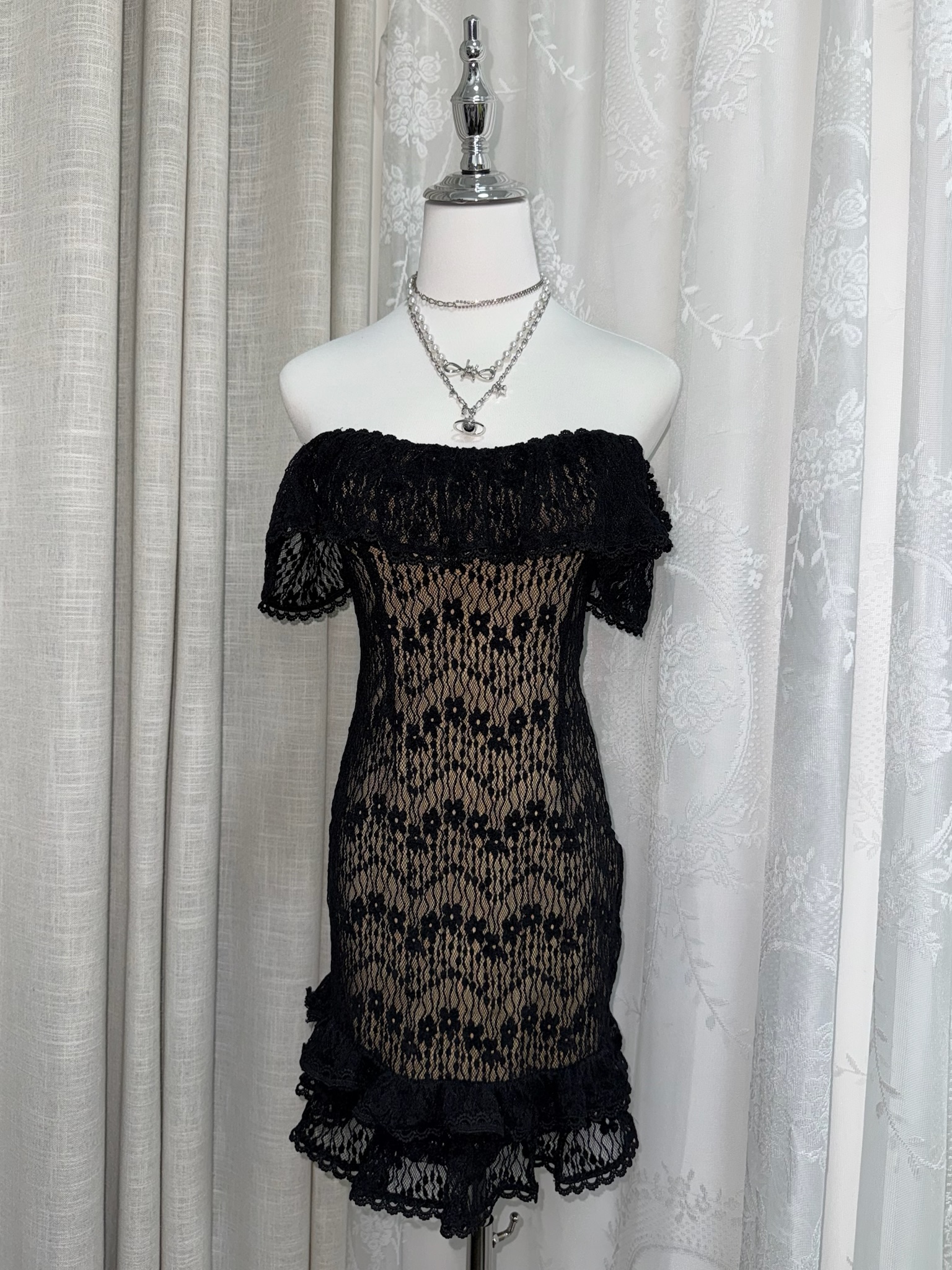 3-Way Wear Off-Shoulder Black Lace Overlay Dress