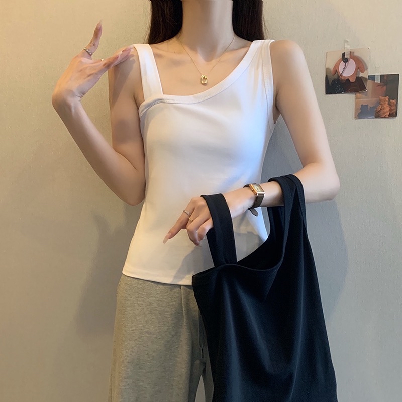 B405(16115) 韩版纯欲斜领口设计感黑白内搭背心 