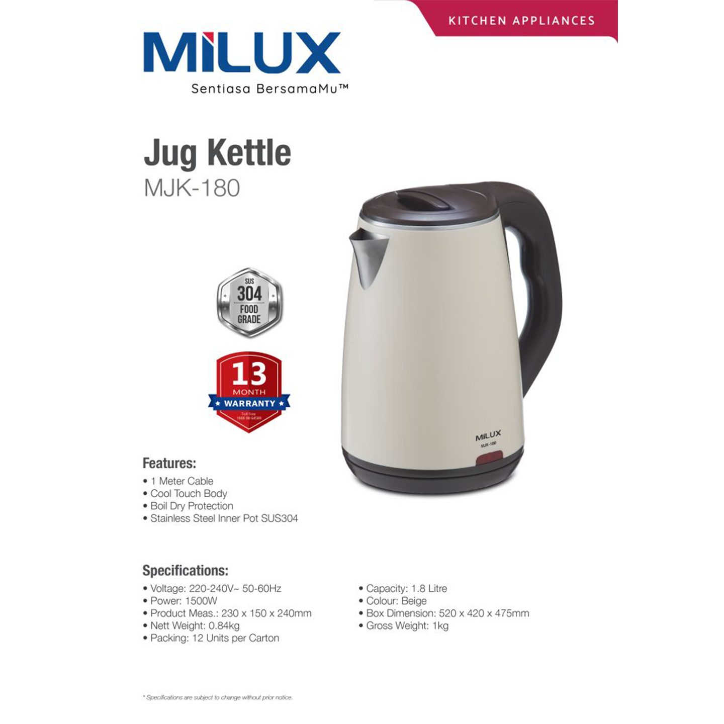 Milux 1.8L Stainless Steel Kettle (MJK-180)