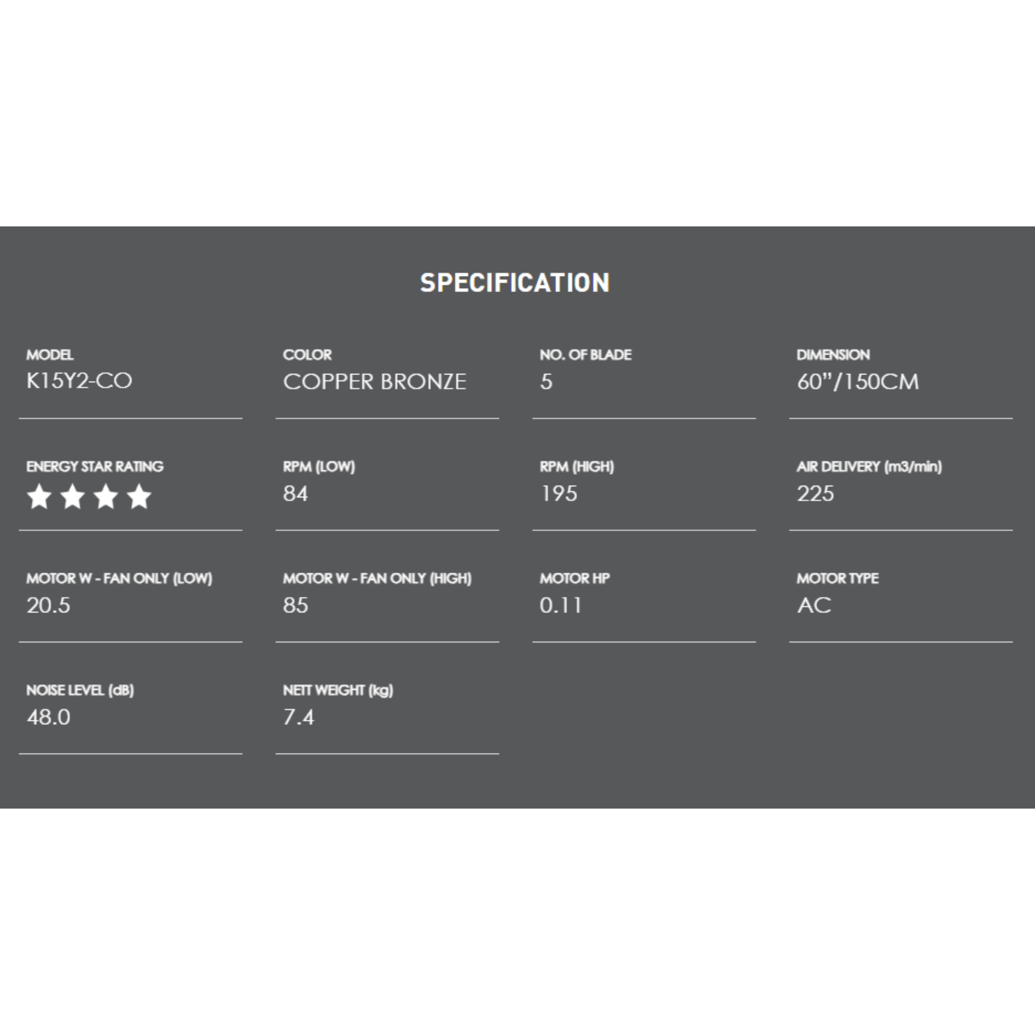 KDK 60" Ceiling Fan 5-Blade Silver Grey (K15Y2-GS)