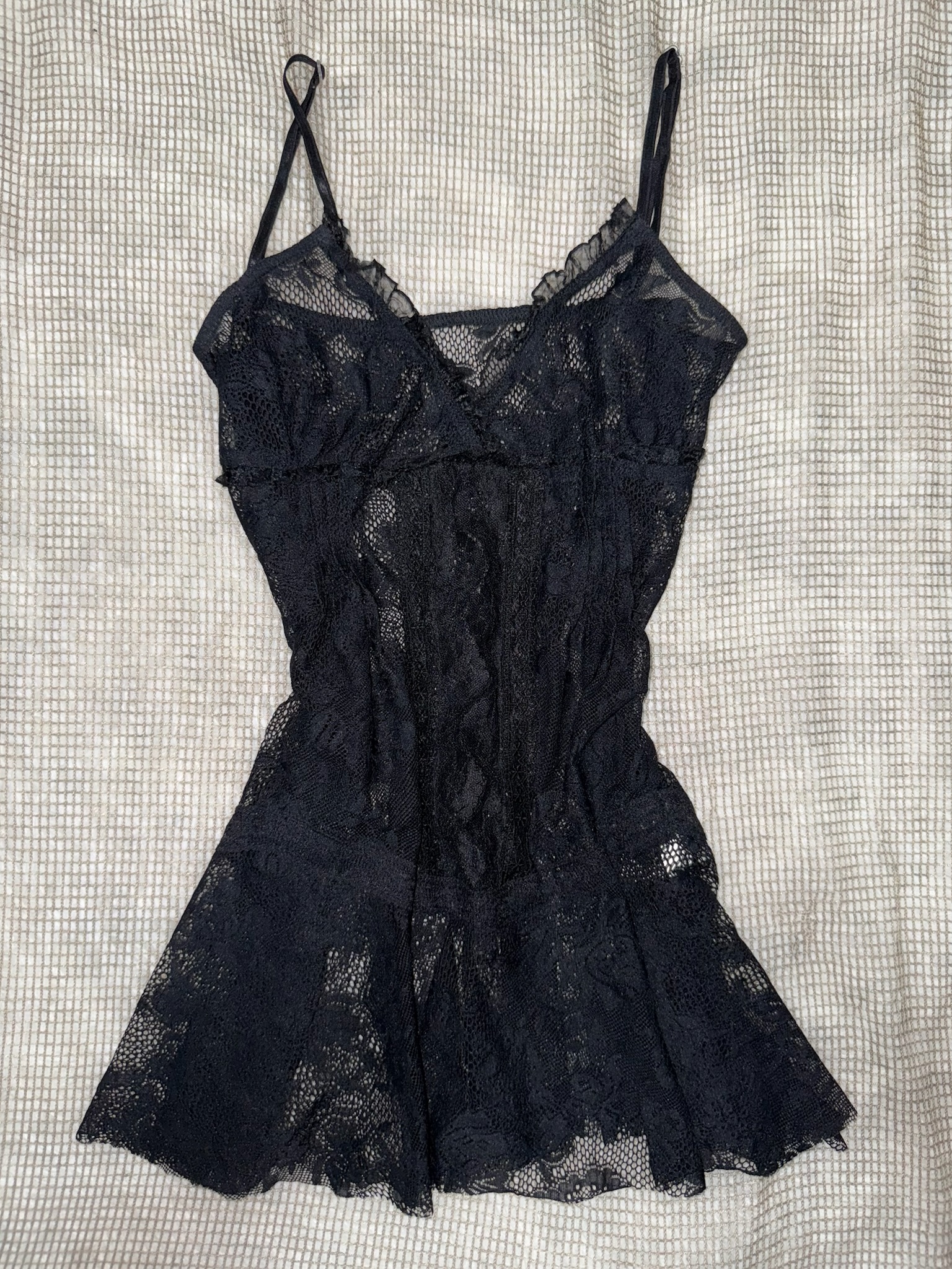 Black Empire Waist Sheer Lace Slip Dress 