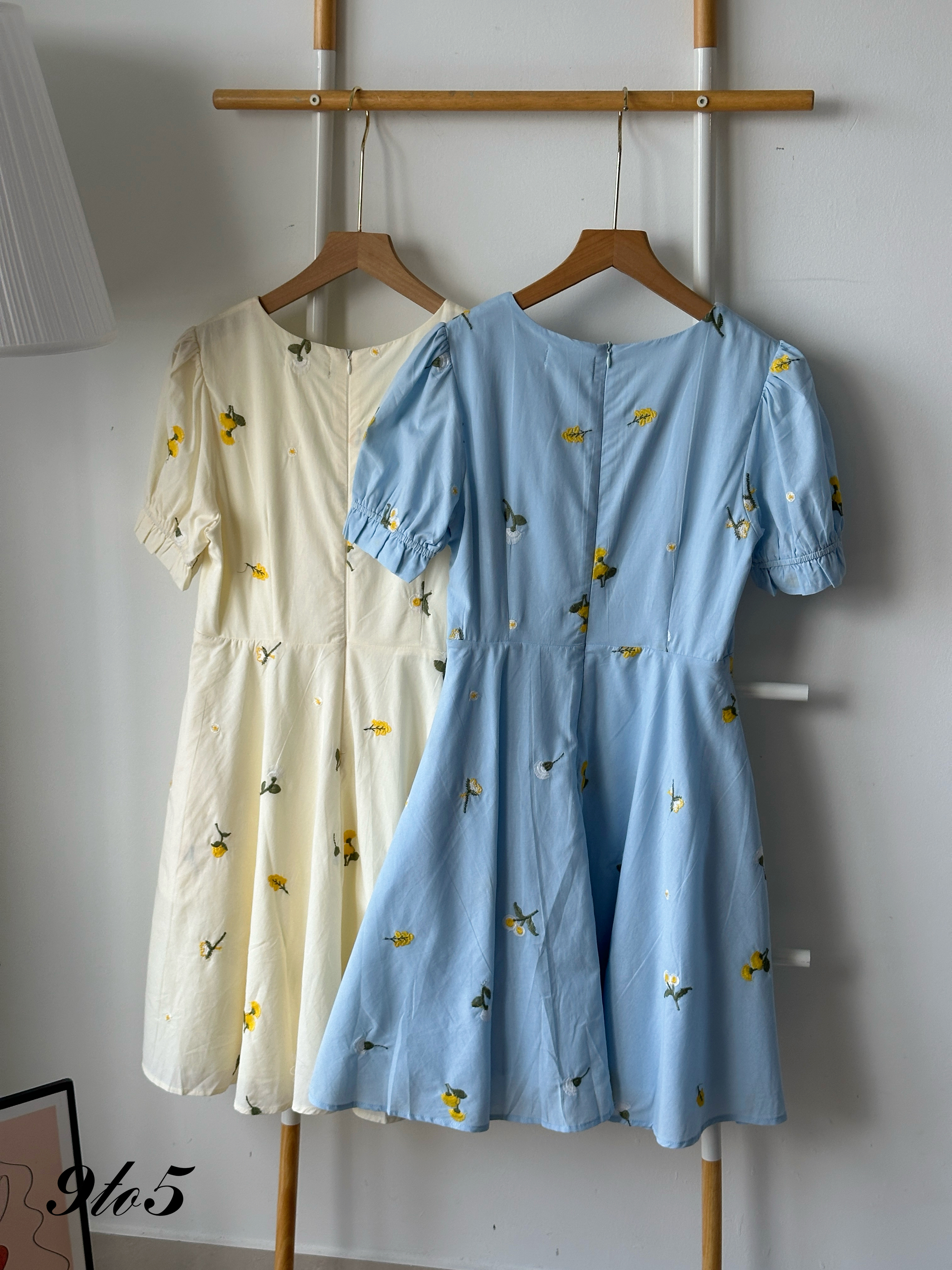 D2357 Puff Sleeve Floral Dress - Blue & Yellow