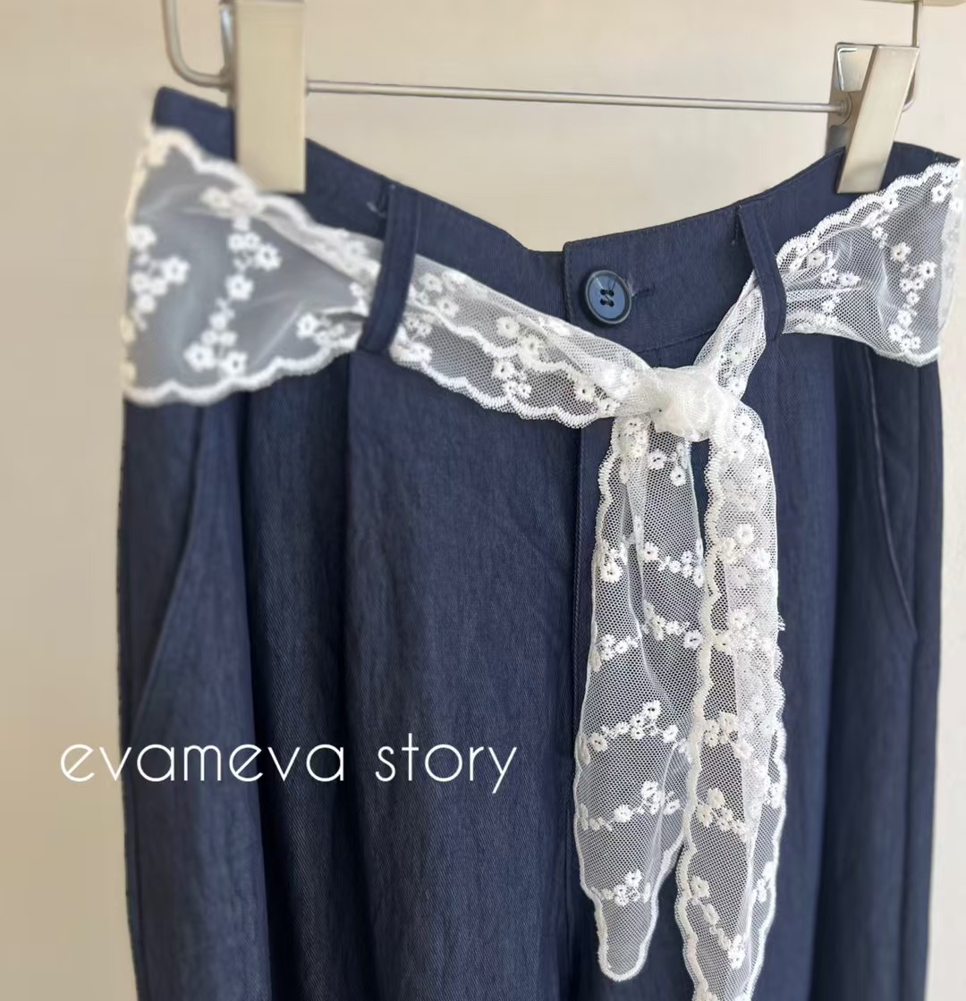 High-Waisted Navy Palazzo Pants with Embroidered Lace Sash ‖ 高腰深蓝色阔腿裤配刺绣蕾丝腰带 KR0410829