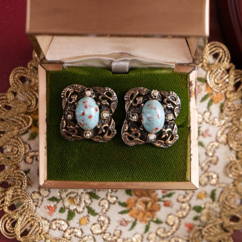 Vintage Mid-Century Faux Turquoise Cabochon Large Statement Clip Earrings (EA0812)