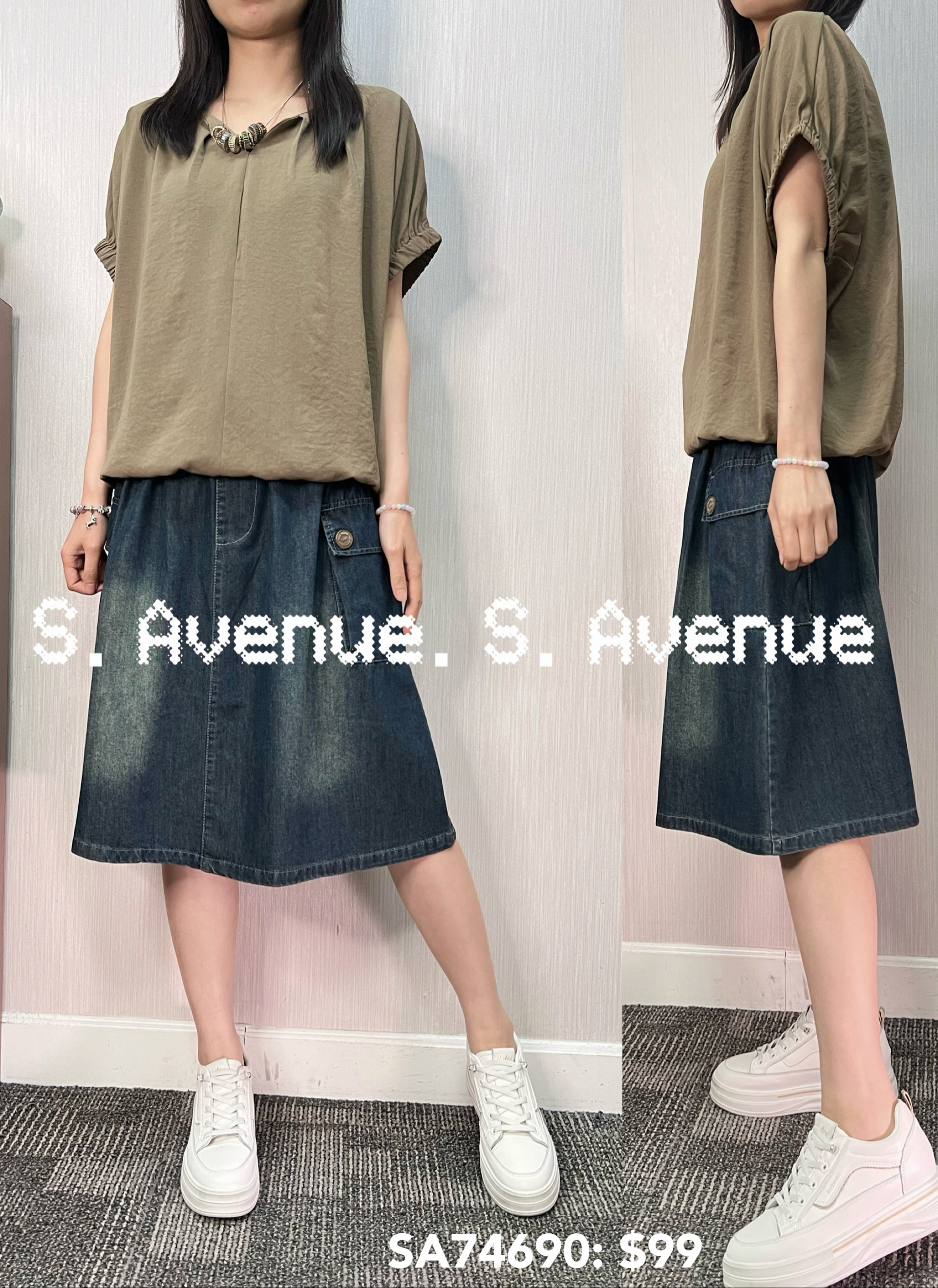 SA74690: 壓撍袖V領束腳雪紡top