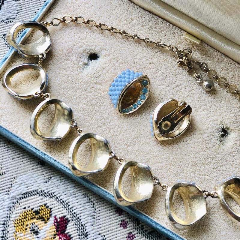 Vintage 1950-60s Styled by Crosby Baby Blue Rhinestone and Bead Necklace with Earrings Jewelry Set in Original Velvet Box(MT1730)