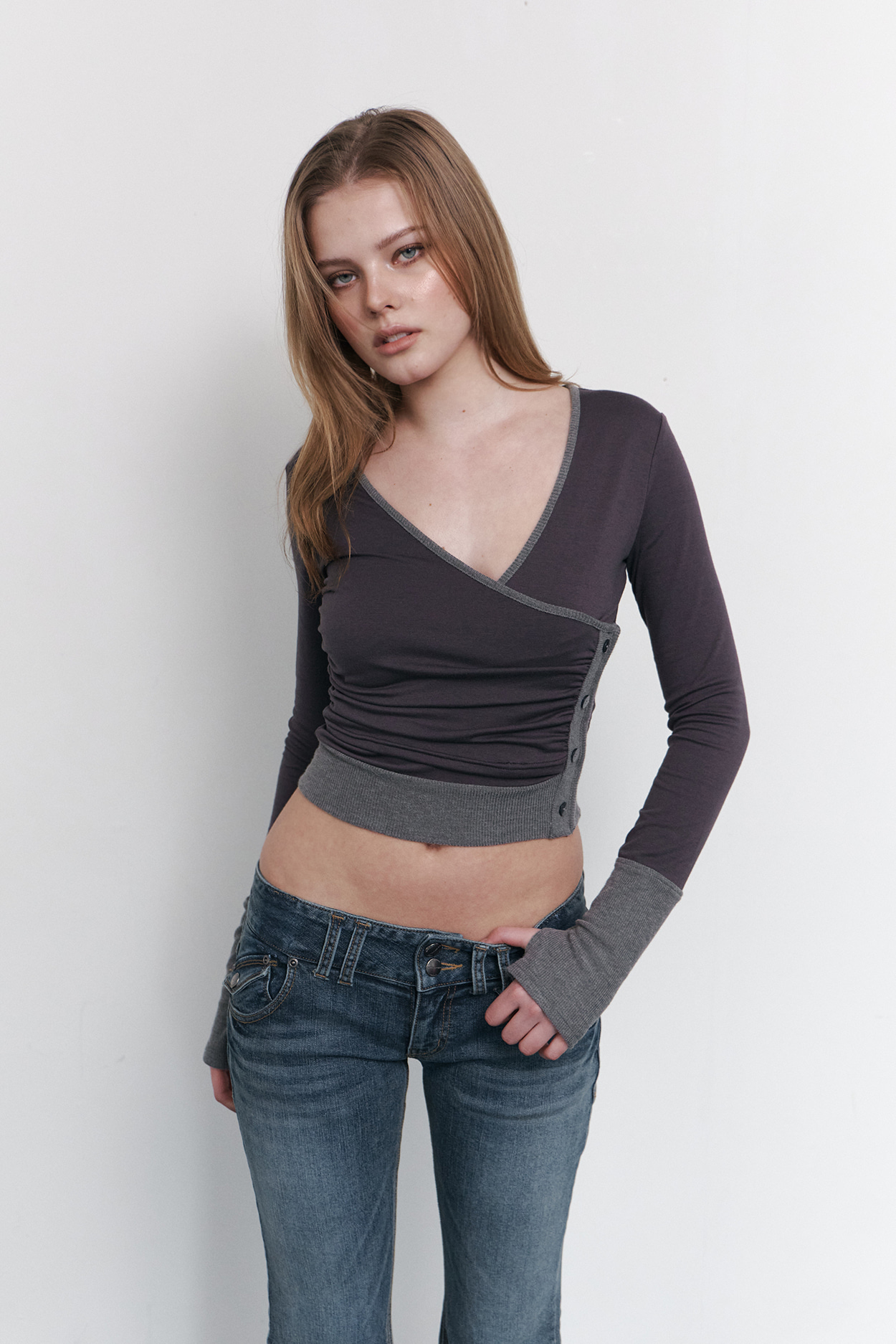 pleaseNOFOLLOW - Selena Button Wrap long sleeve Top (Charcoal)