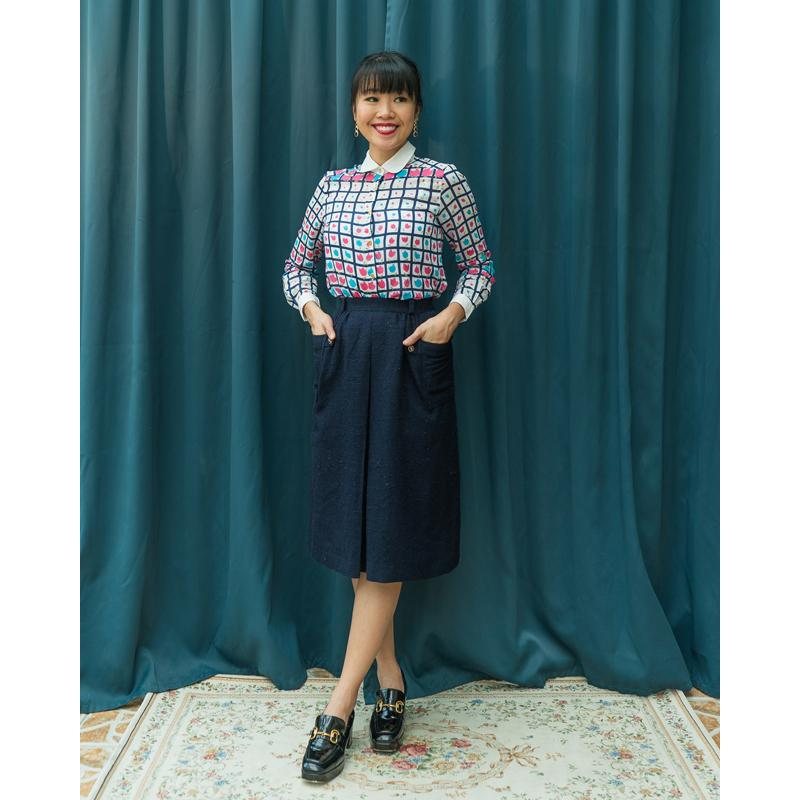 Vintage Japanese Femina Rosa Navy Blue Front Pleat A-Line Skirt - Waist 24"(MT1541-14)