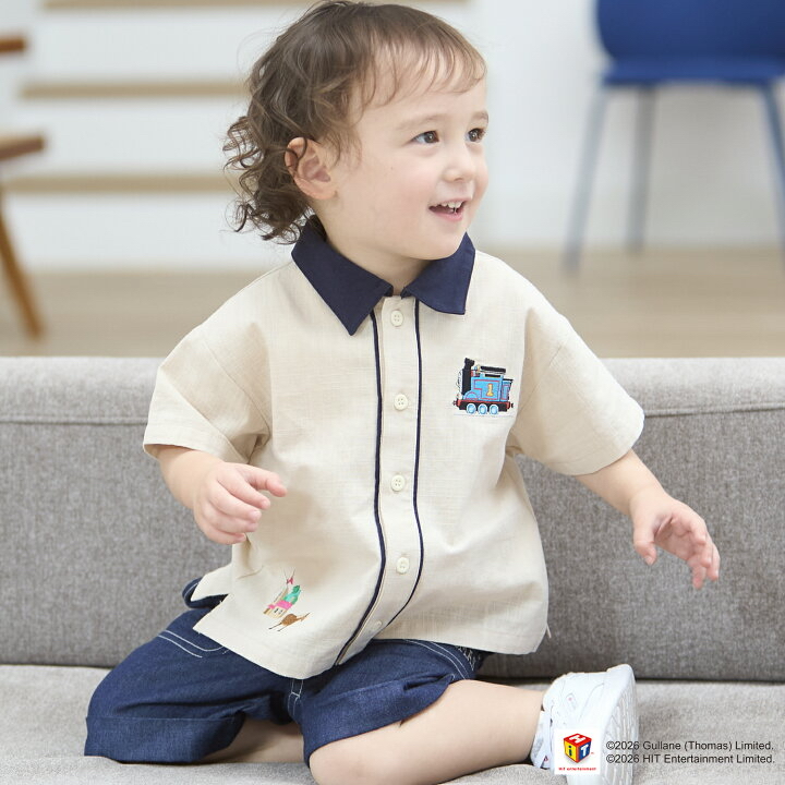🇯🇵預訂 日本直送🇯🇵Petit Main x Thomas湯瑪士小火車系列兩色刺繡貼花梭織布短袖恤衫