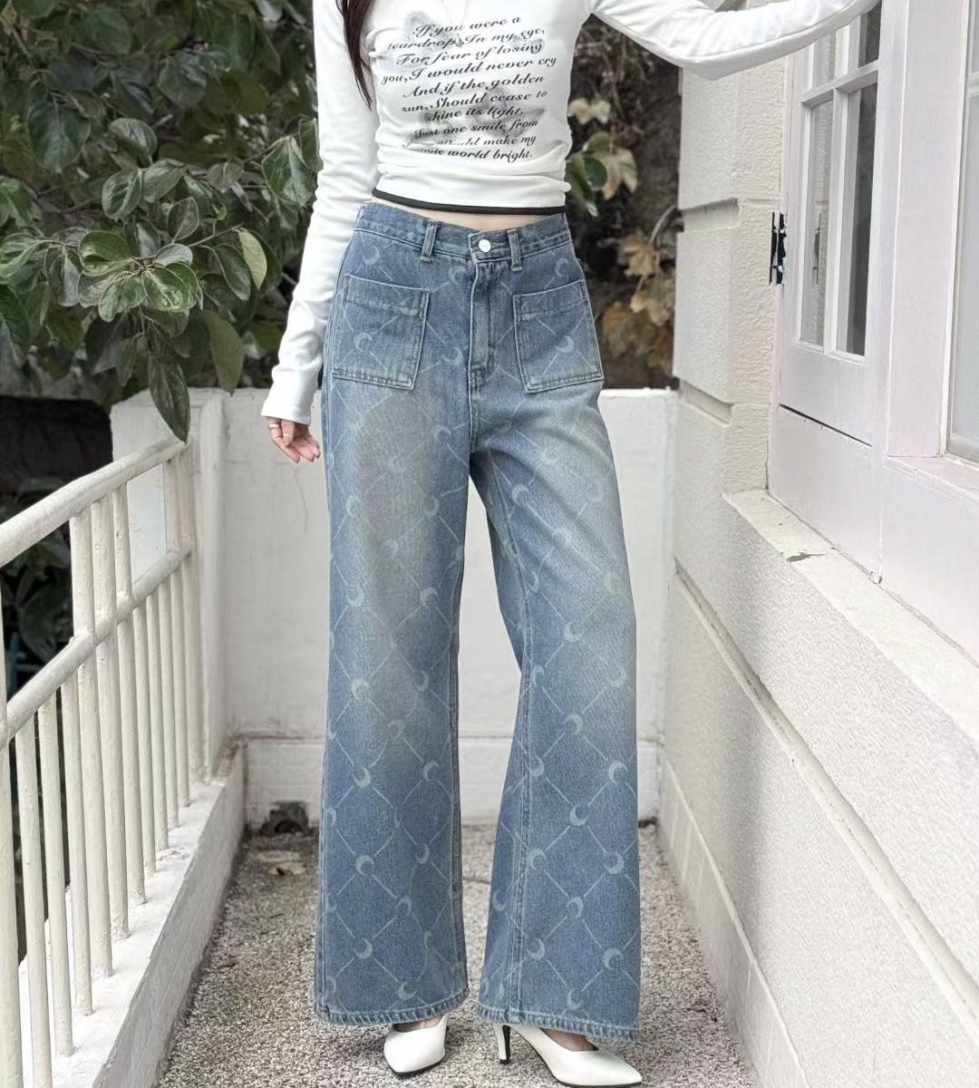 月亮圖案直腳牛仔褲