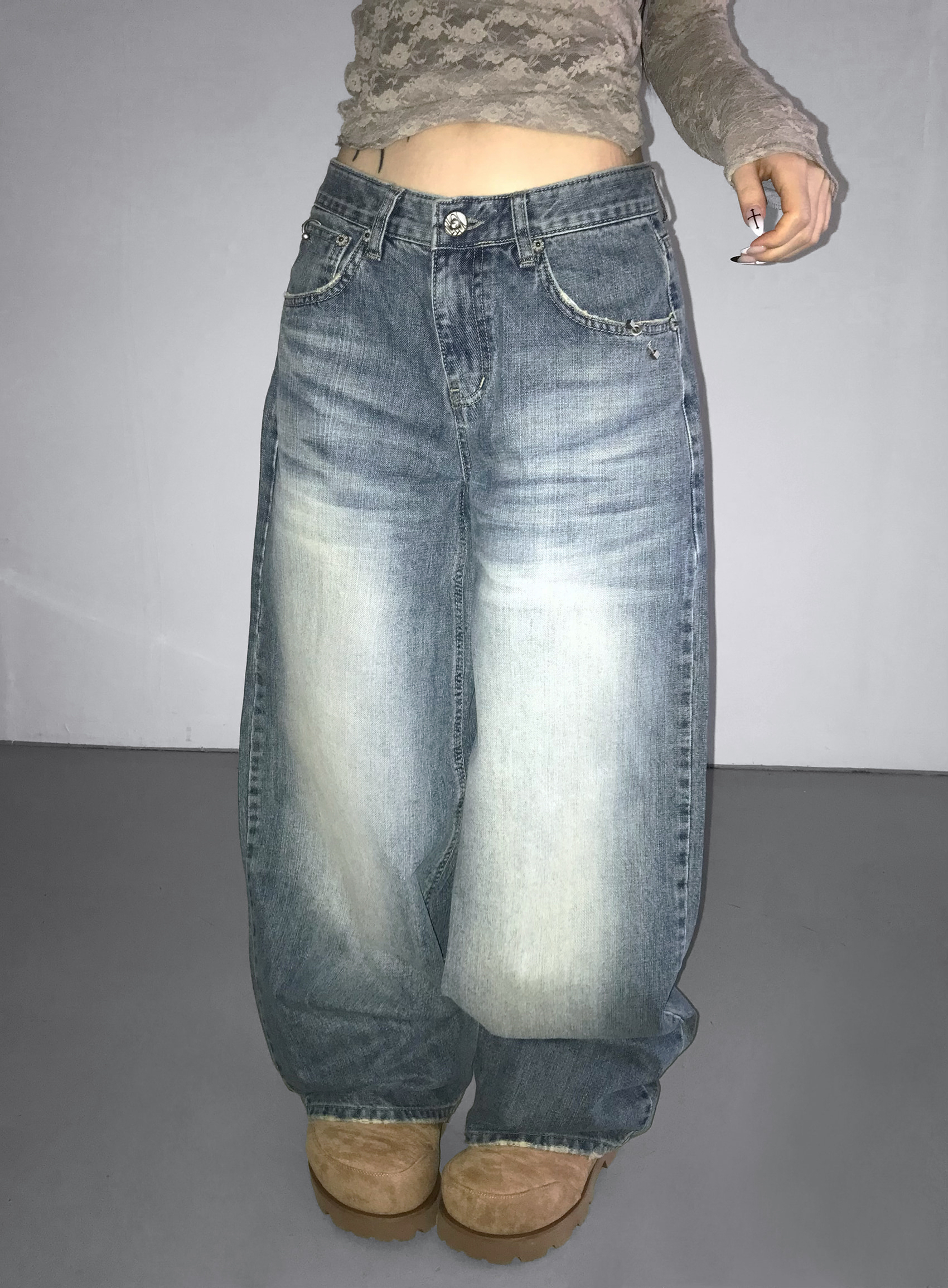 Metal Hook Washed Wide-Leg Denim