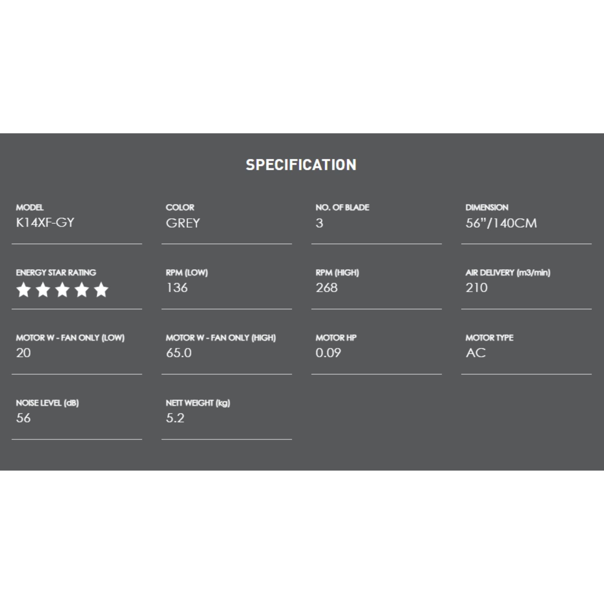 KDK 56" Ceiling Fan 3-Blade Grey (K14XF-GY)