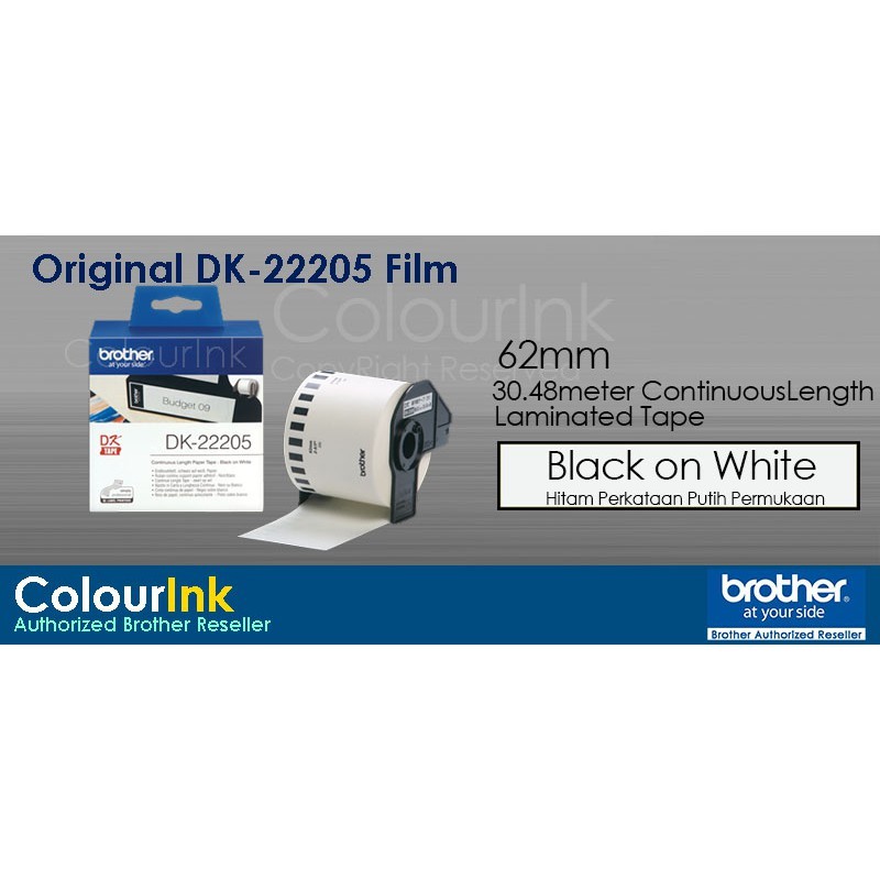 Brother Original 62mm DK-22205 Continous Label Film Tape Black On White QL700 QL720 QL800 QL820NWB DK22205