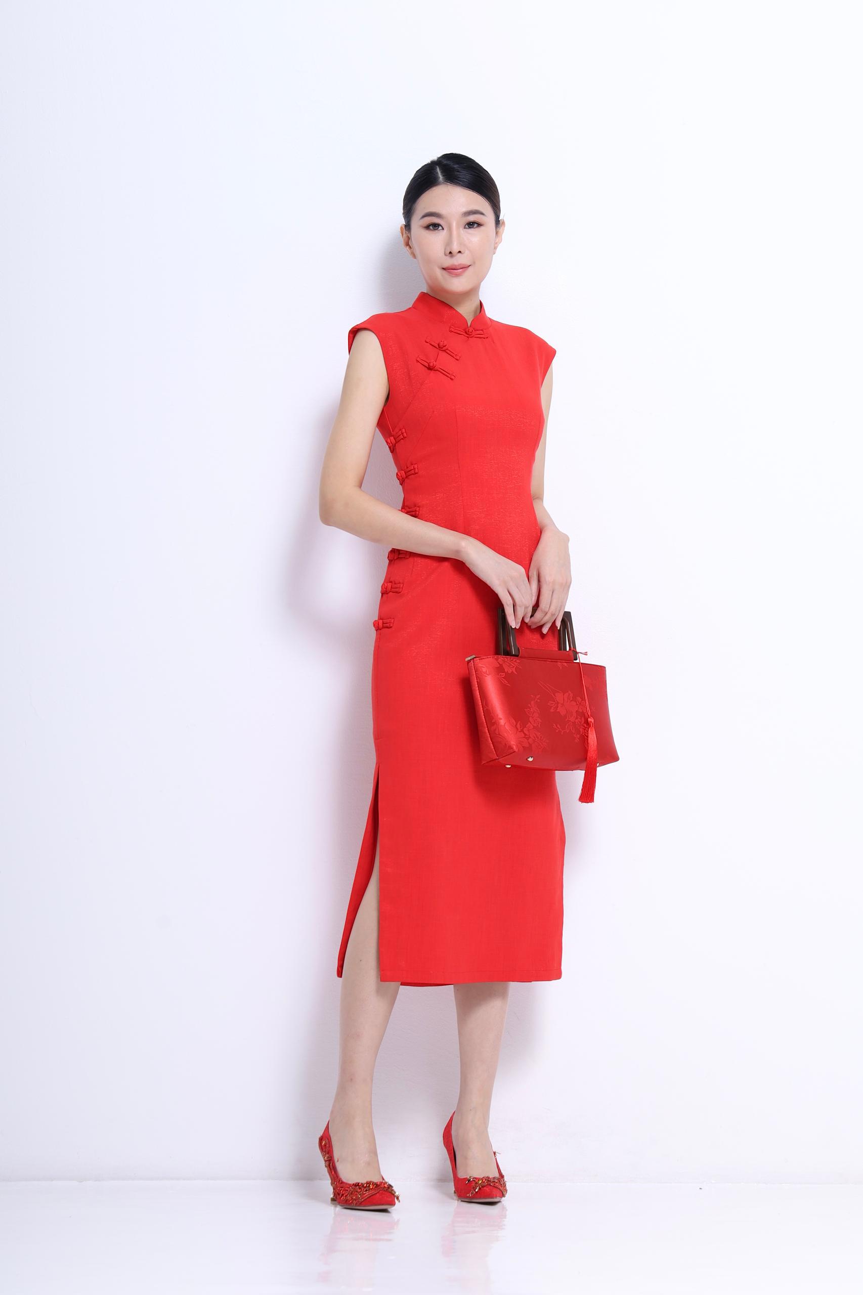 独家长款旗袍 红色 2128