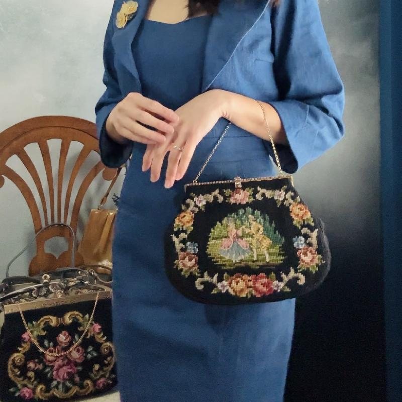 Rare! Courting Couple Needlepoint with Rhinestone Frame Handbag - Missing 2 stitches (MT2505)