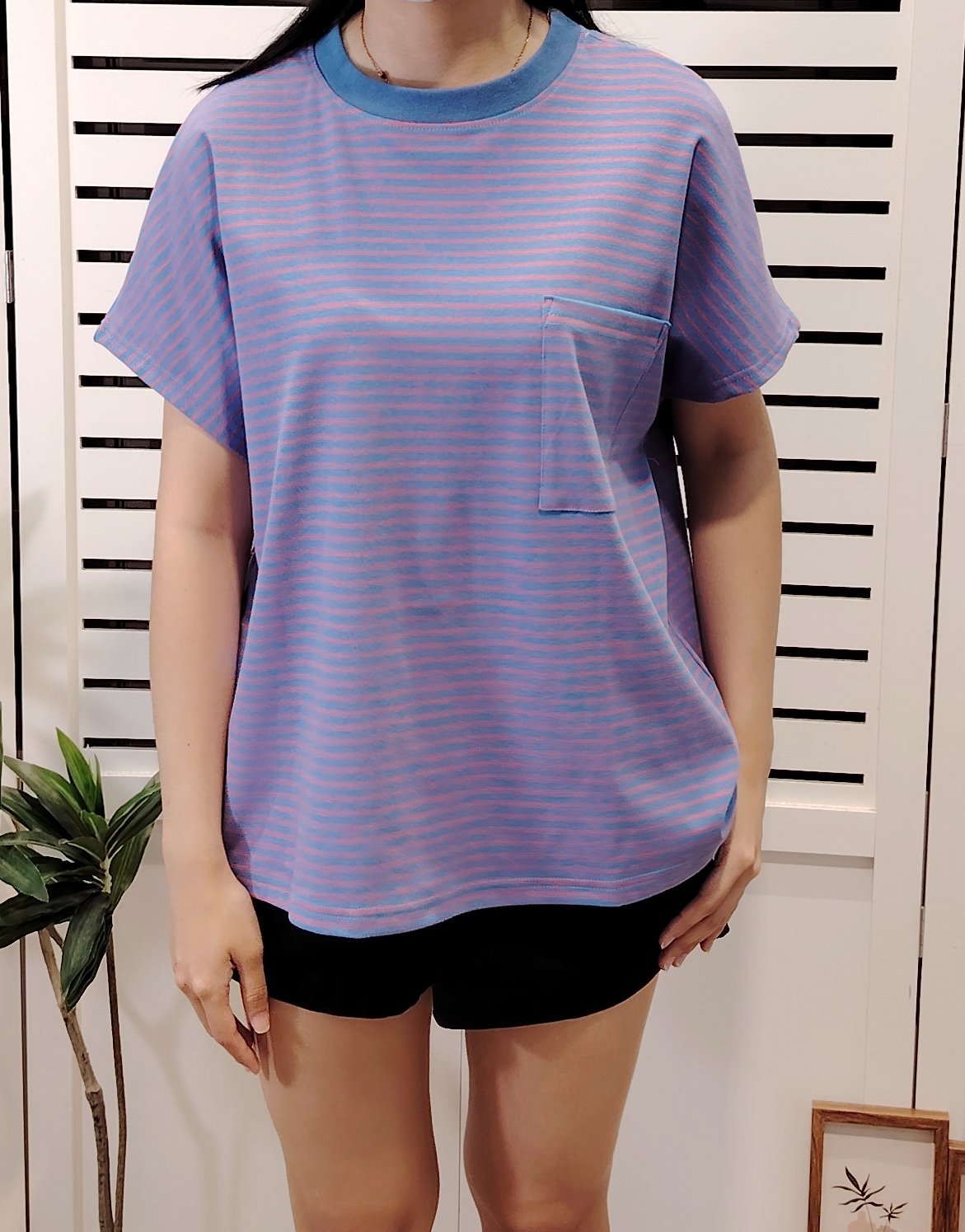 M5021 Over Size  Striped Round Neck Cotton Tee
