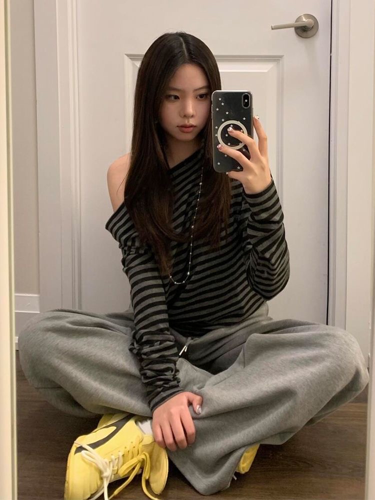 TP595条纹斜肩上衣