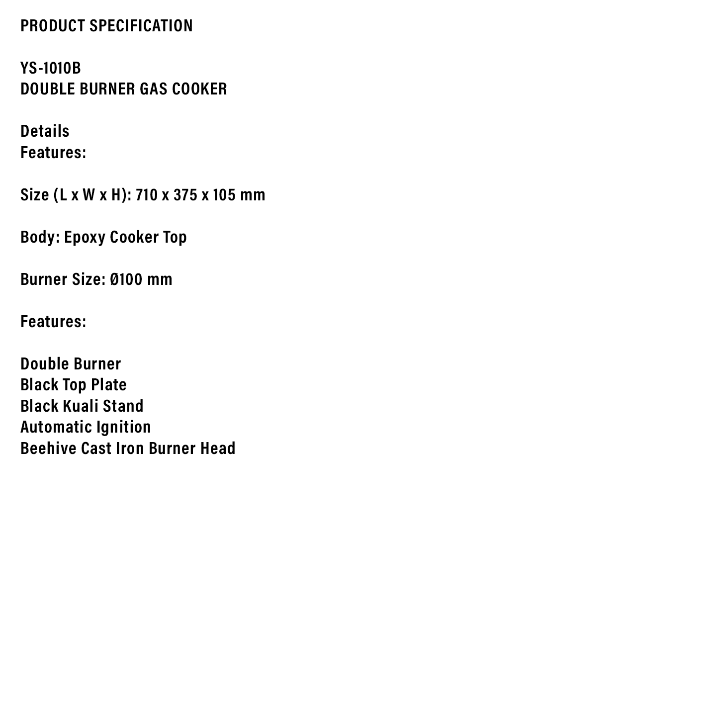 Milux 3.1kW Epoxy Body Double Burner Gas Cooker (YS-1010B)