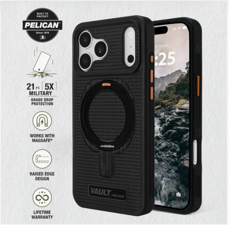 Pelican – iPhone 18 Pro Max / 17 Pro Max 手機殼 Vault Magsafe磁吸手機套 旋轉支架 360°全包圍 軍規級防摔保護套 – 煙霧黑