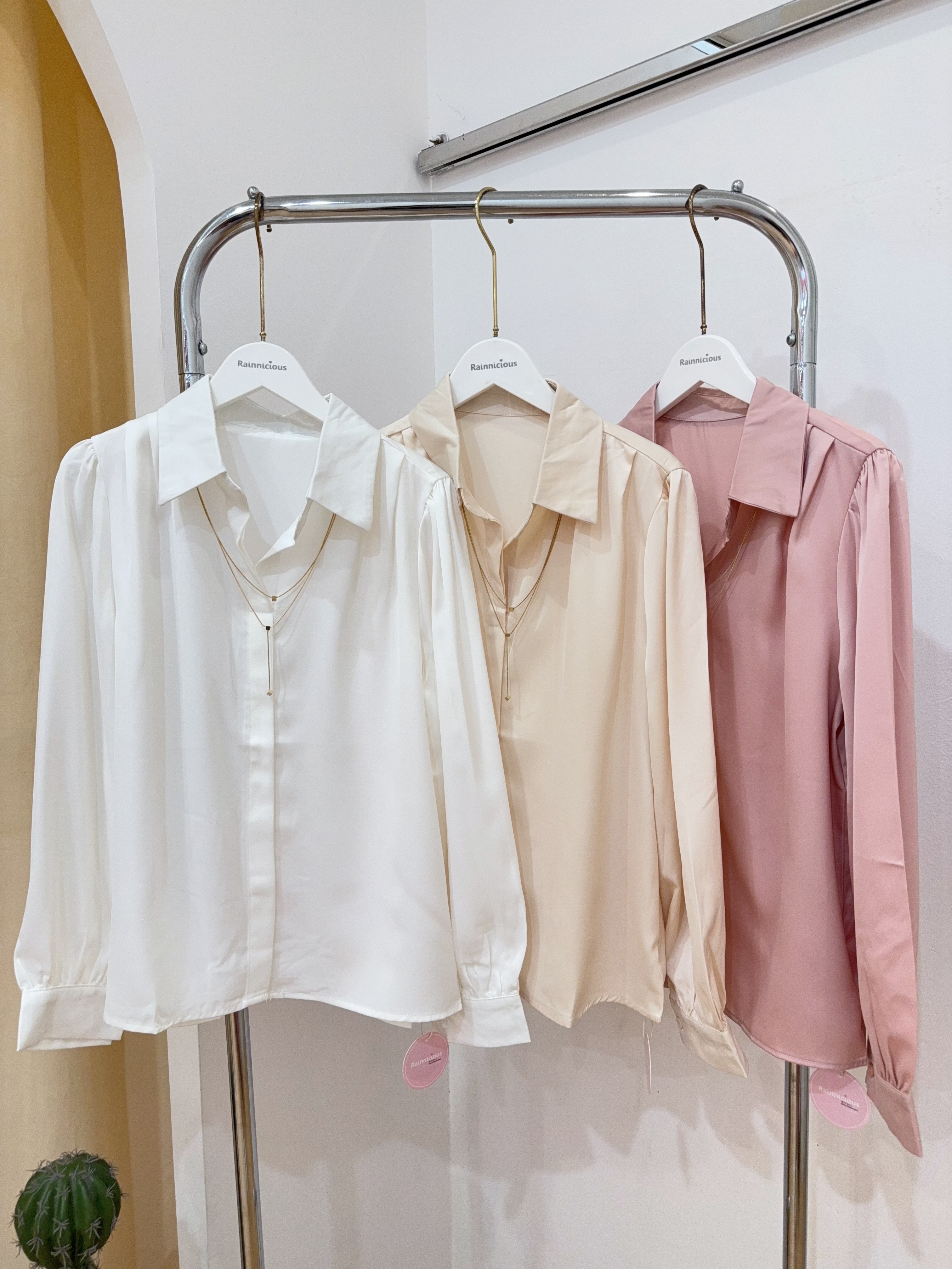 高级感V领带链缎面长袖衬衫 R2657