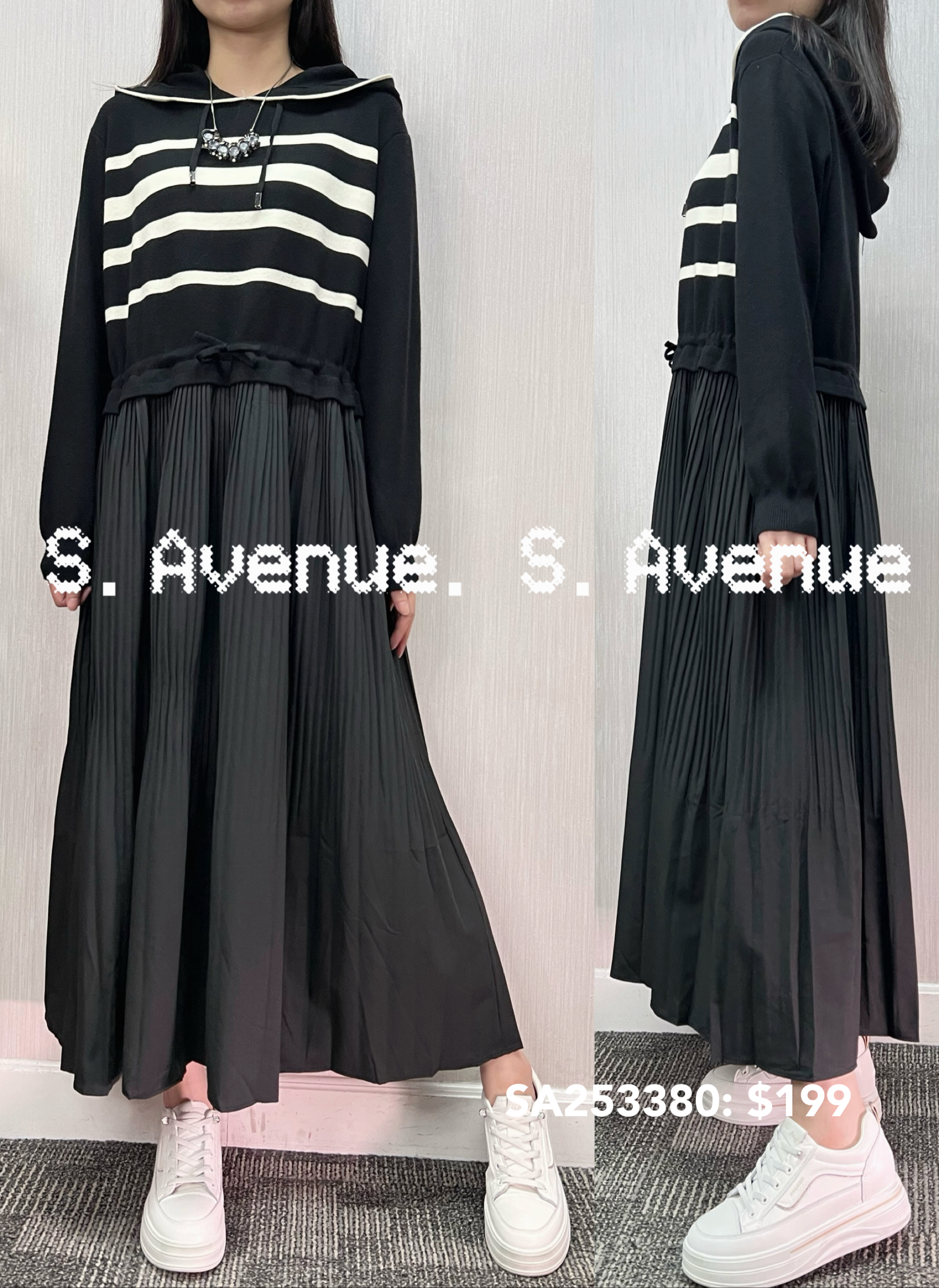 SA253380: 長袖有帽間條束腰op