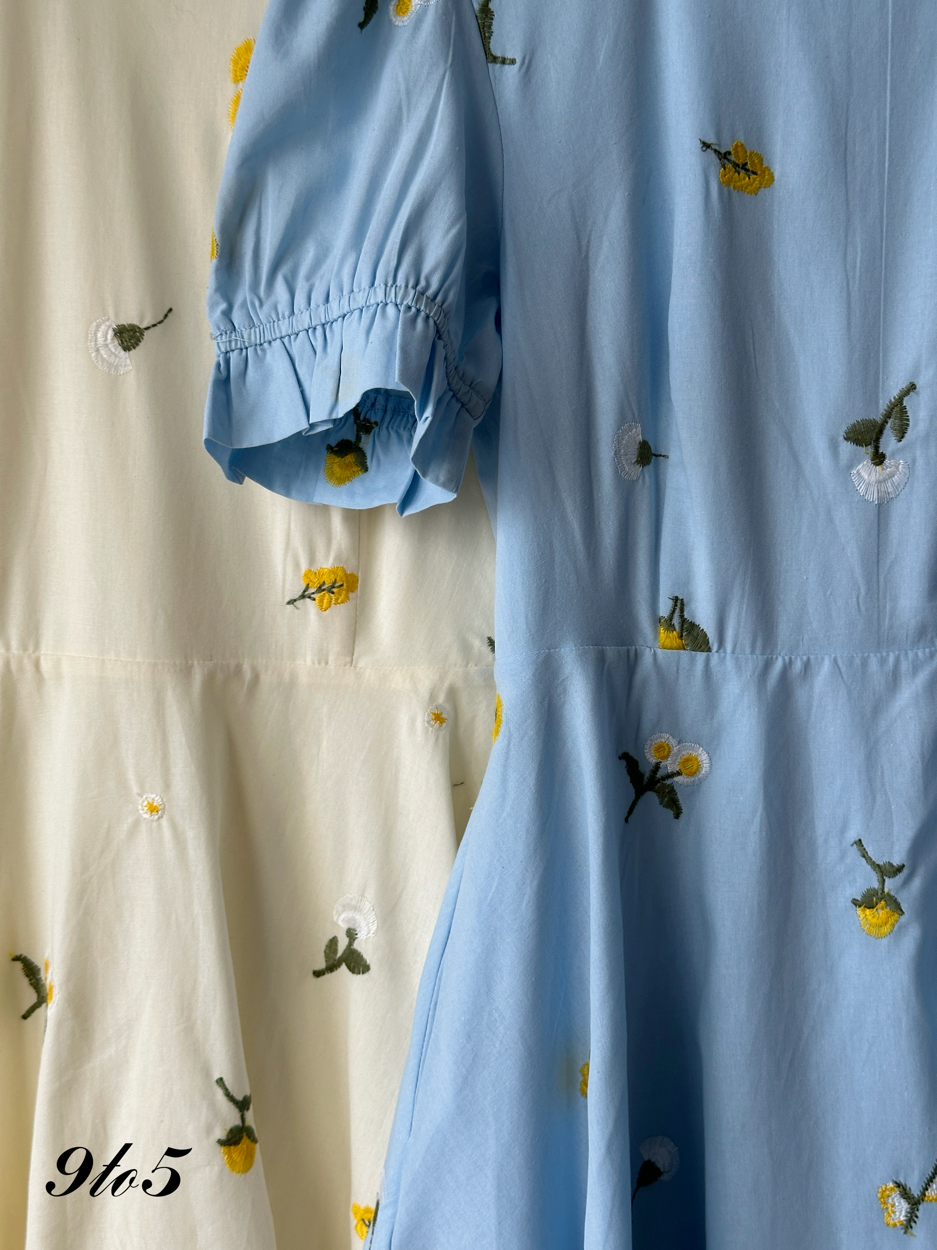 D2357 Puff Sleeve Floral Dress - Blue & Yellow