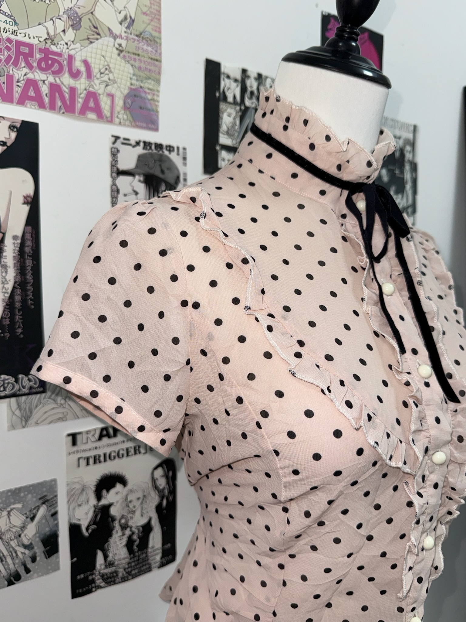 Pink Polka Dot Ruffle High Neck Blouse