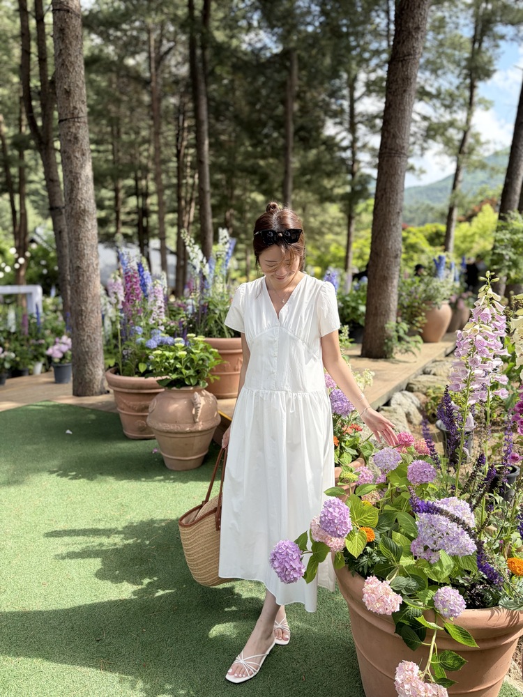 Airy Button Front Long Dress (White)