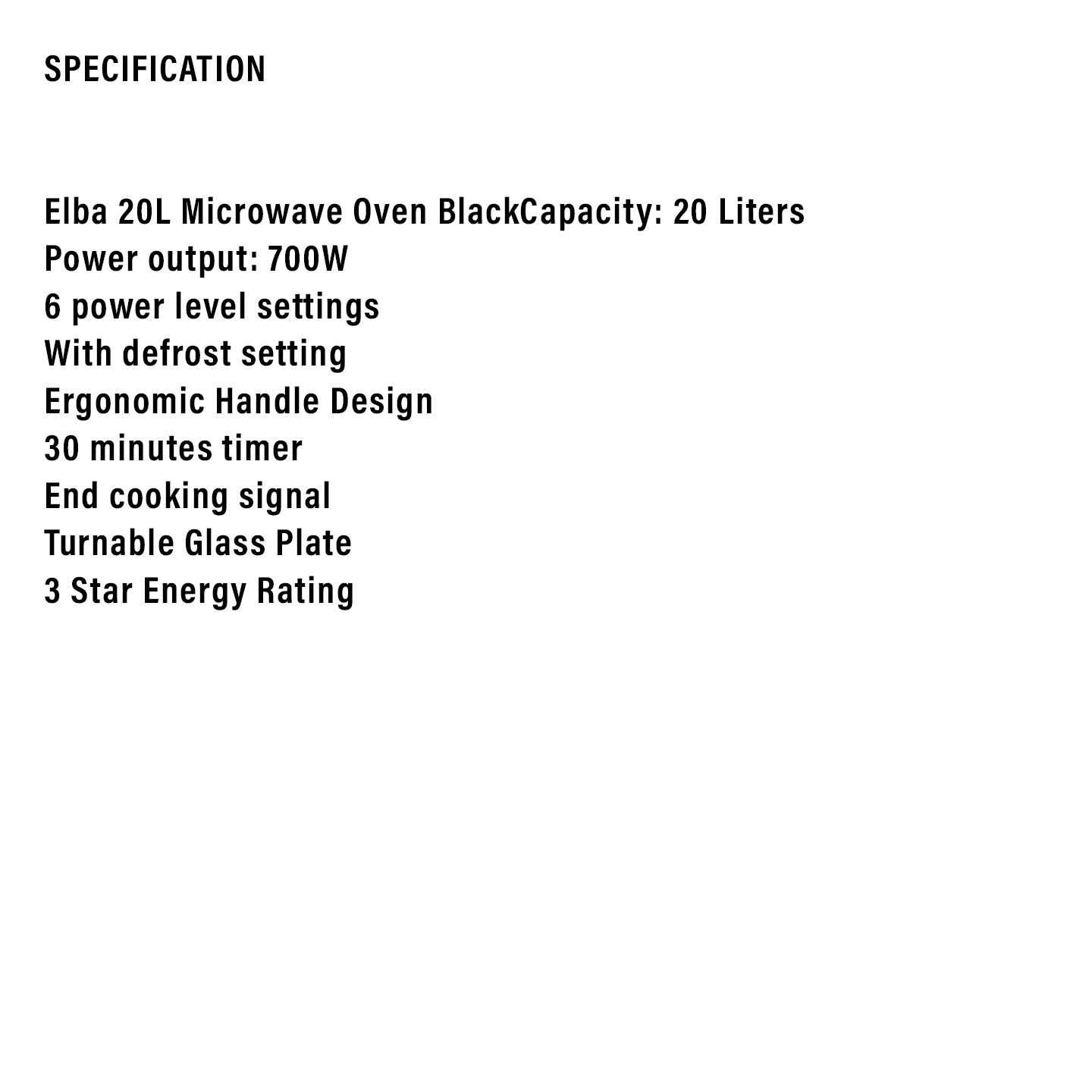 Elba 20L 6 Power Level,Defrost Settings  Microwave Oven EMO-Q2078(BK)