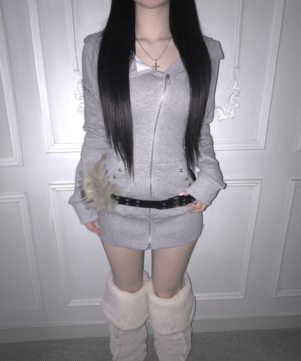 Zip-Up Hooded Eyelet Mini Dress