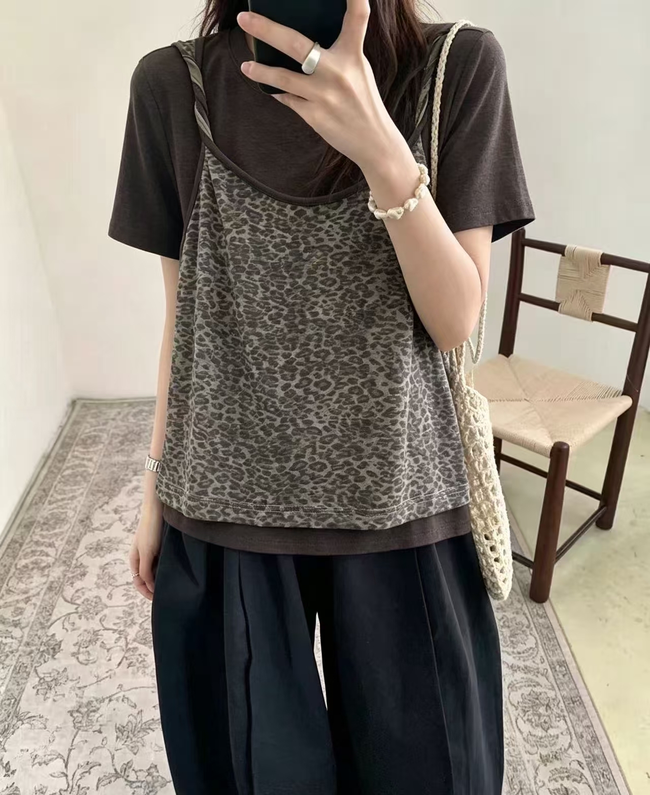 假2 件豹紋吊帶Top