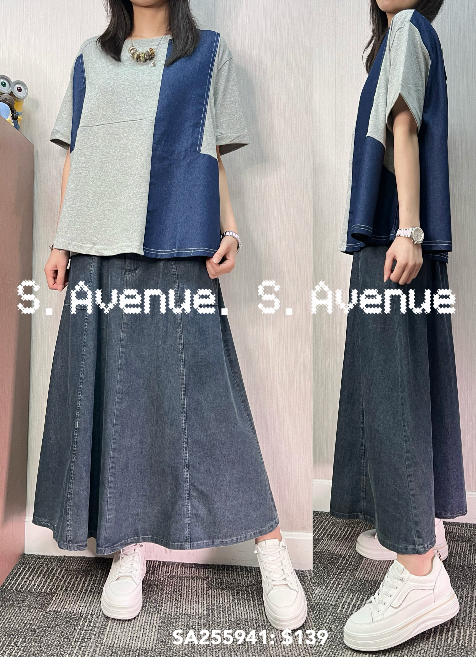 SA255941: 短袖拼牛仔娃娃tee