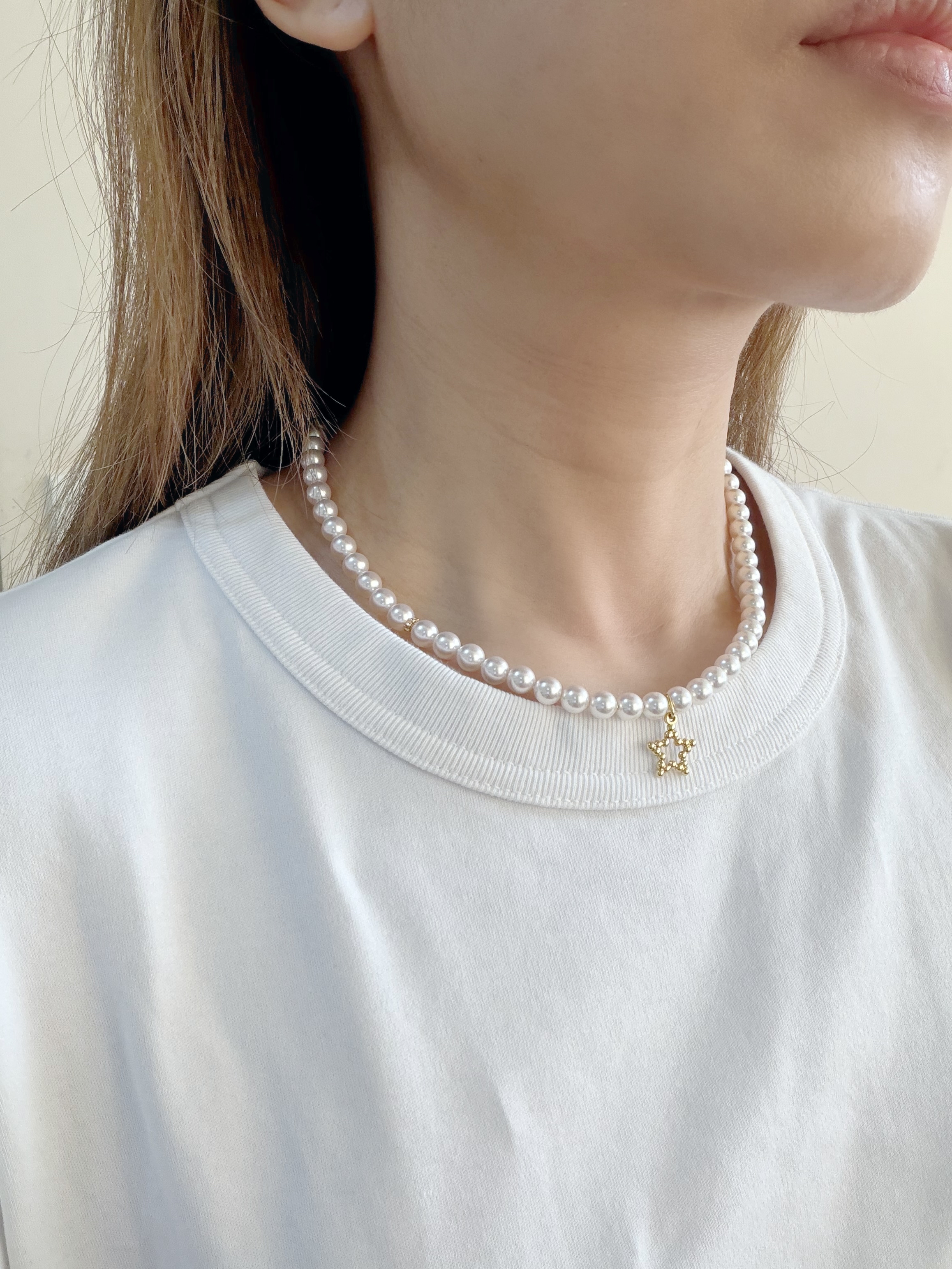 簡約星鑽珍珠頸鍊/6mm米白珍珠