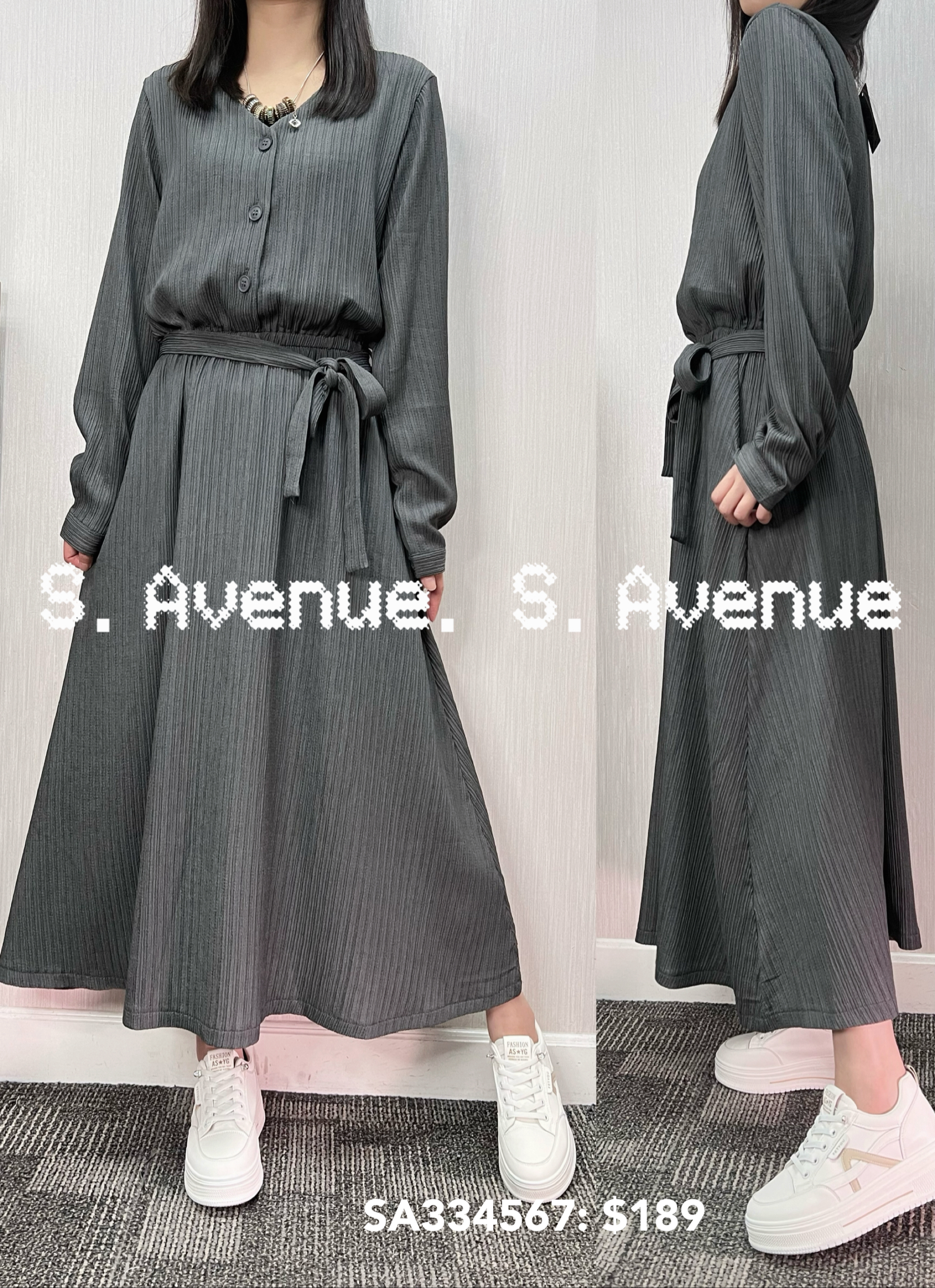 SA334567: 長袖V領暗直紋綁帶op