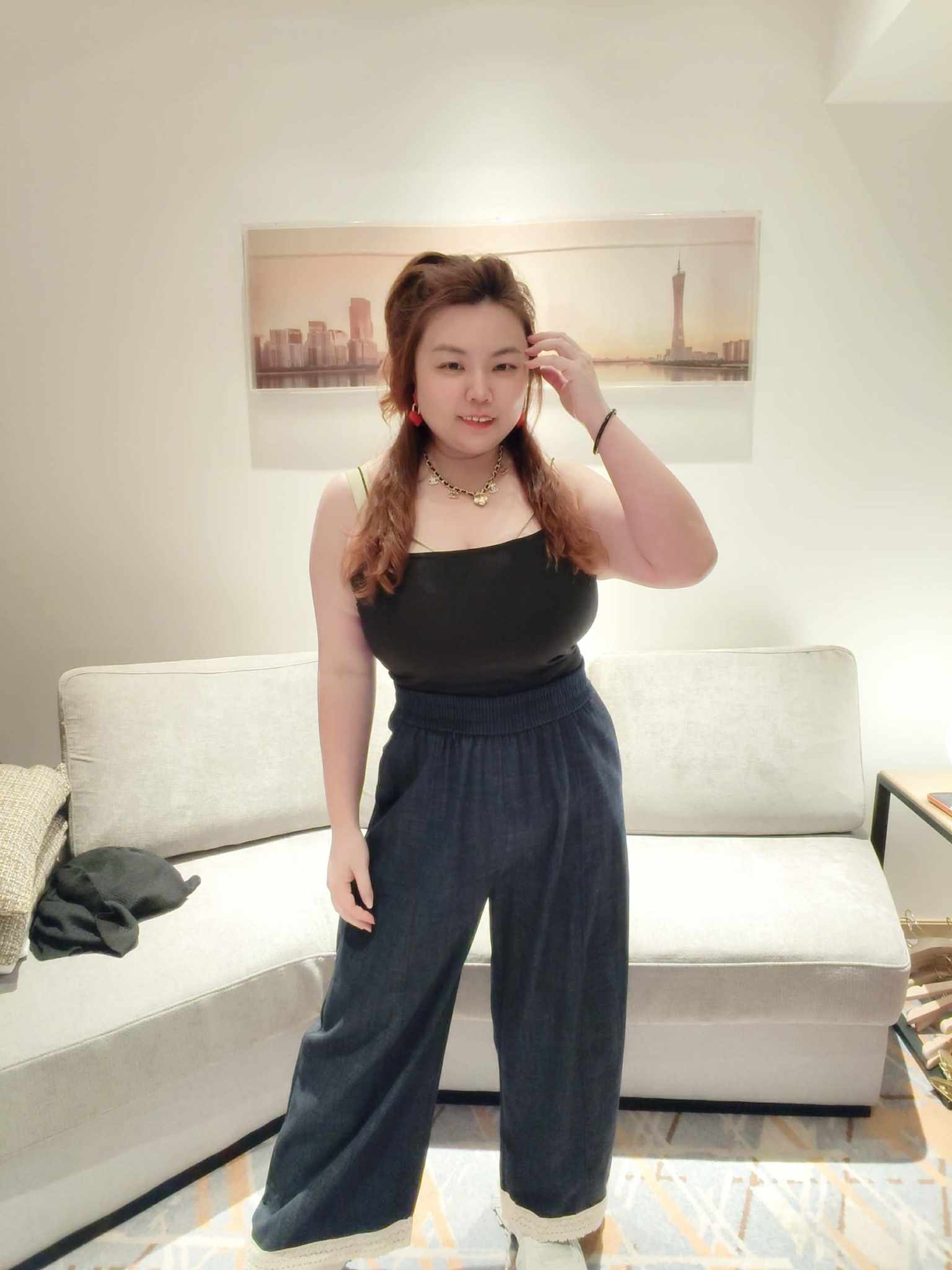 YCH10 1651 大码拼色裤脚阔脚裤长裤