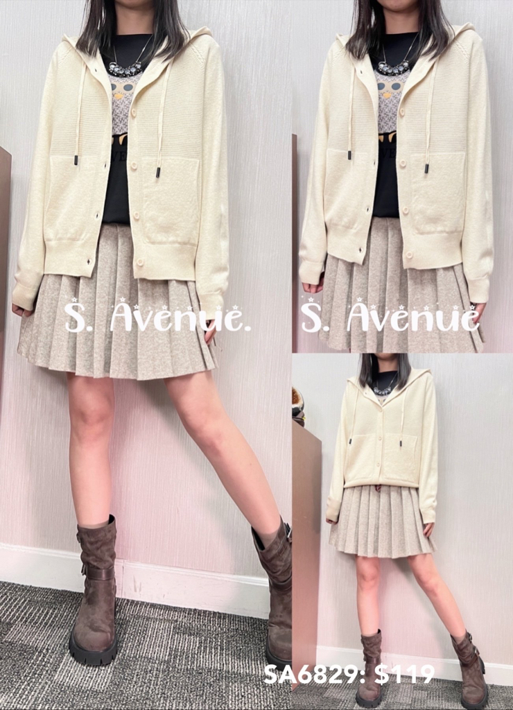 SA6829: 長袖有帽有鈕有袋針織外套