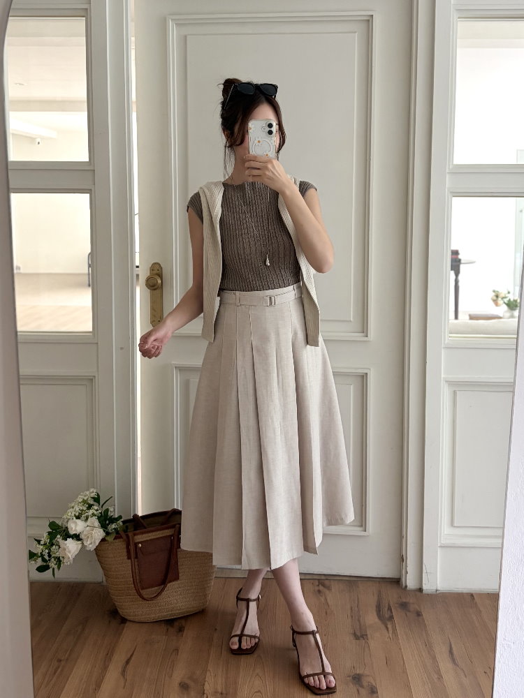 Linen Blend Pleated Skirt (Oat)