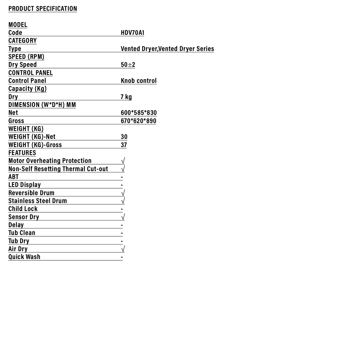 Haier 7kg Vented Dryer (HDV70A1)
