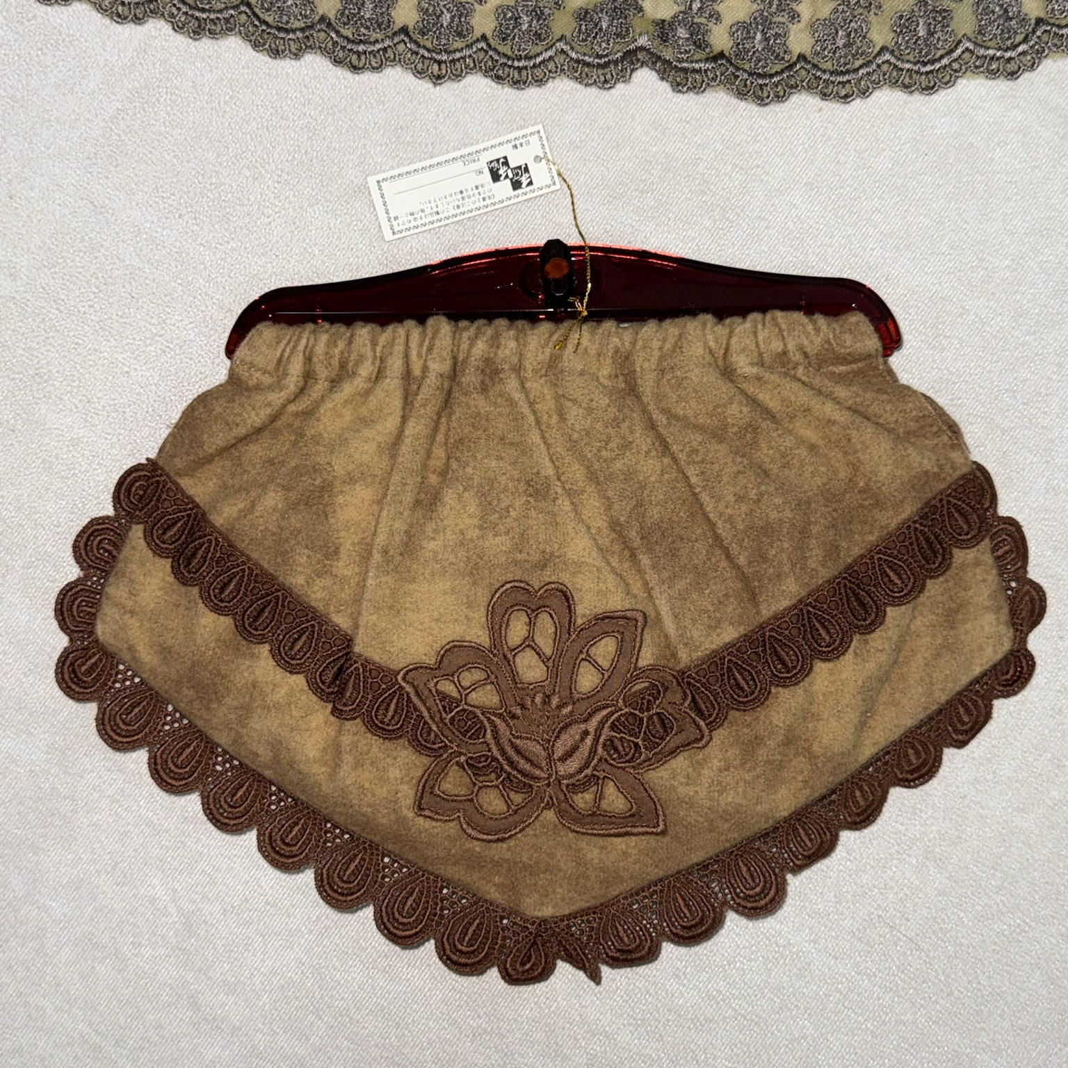 Brown Suede Lace-Trim Floral Clutch