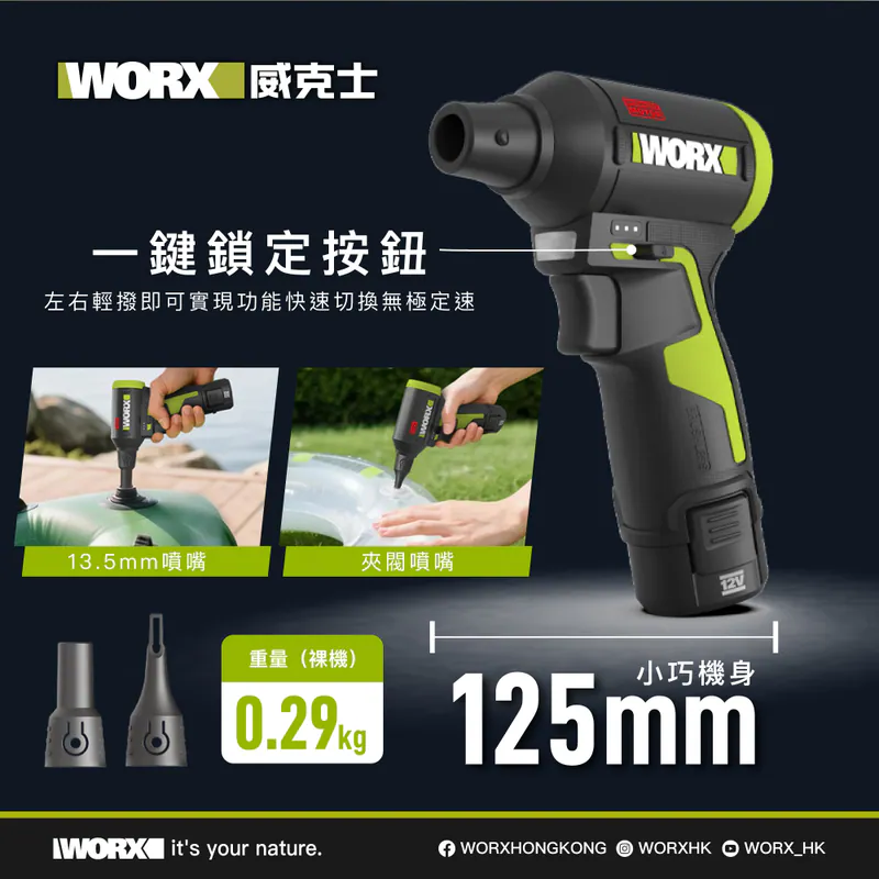 WORX 12V 吹塵槍 套裝/淨機  WU094 (2.0電x1 + 1.5A充)  
