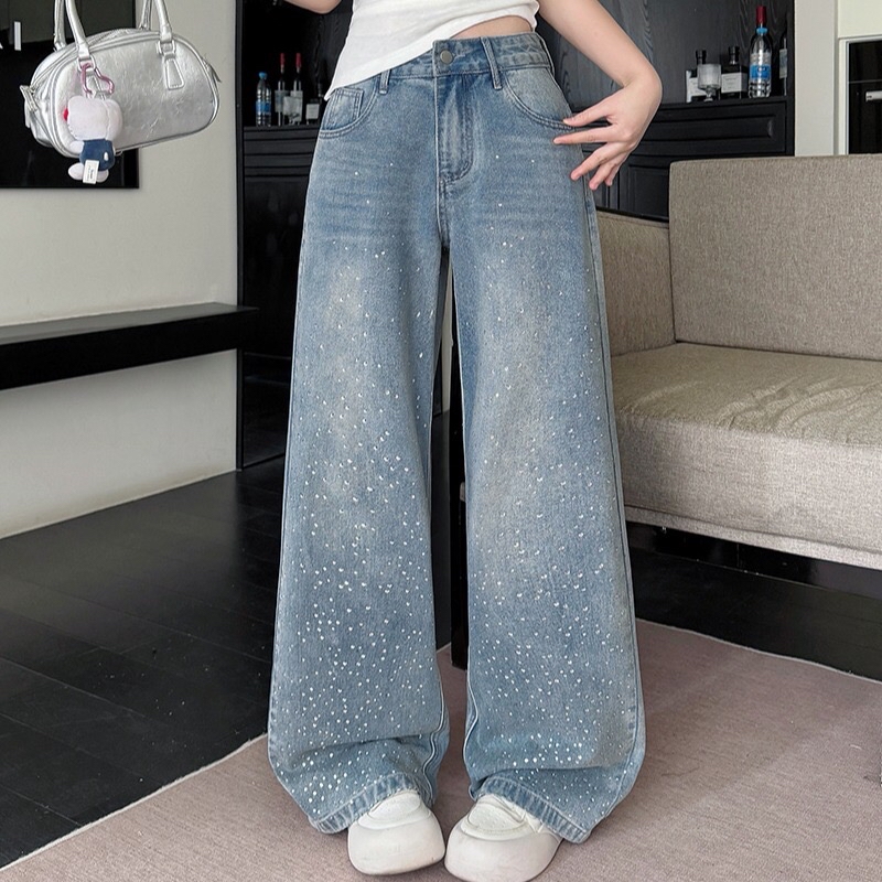 B109(30822) 韩版时尚JEANS重工烫钻高腰蓝阔腿长裤 