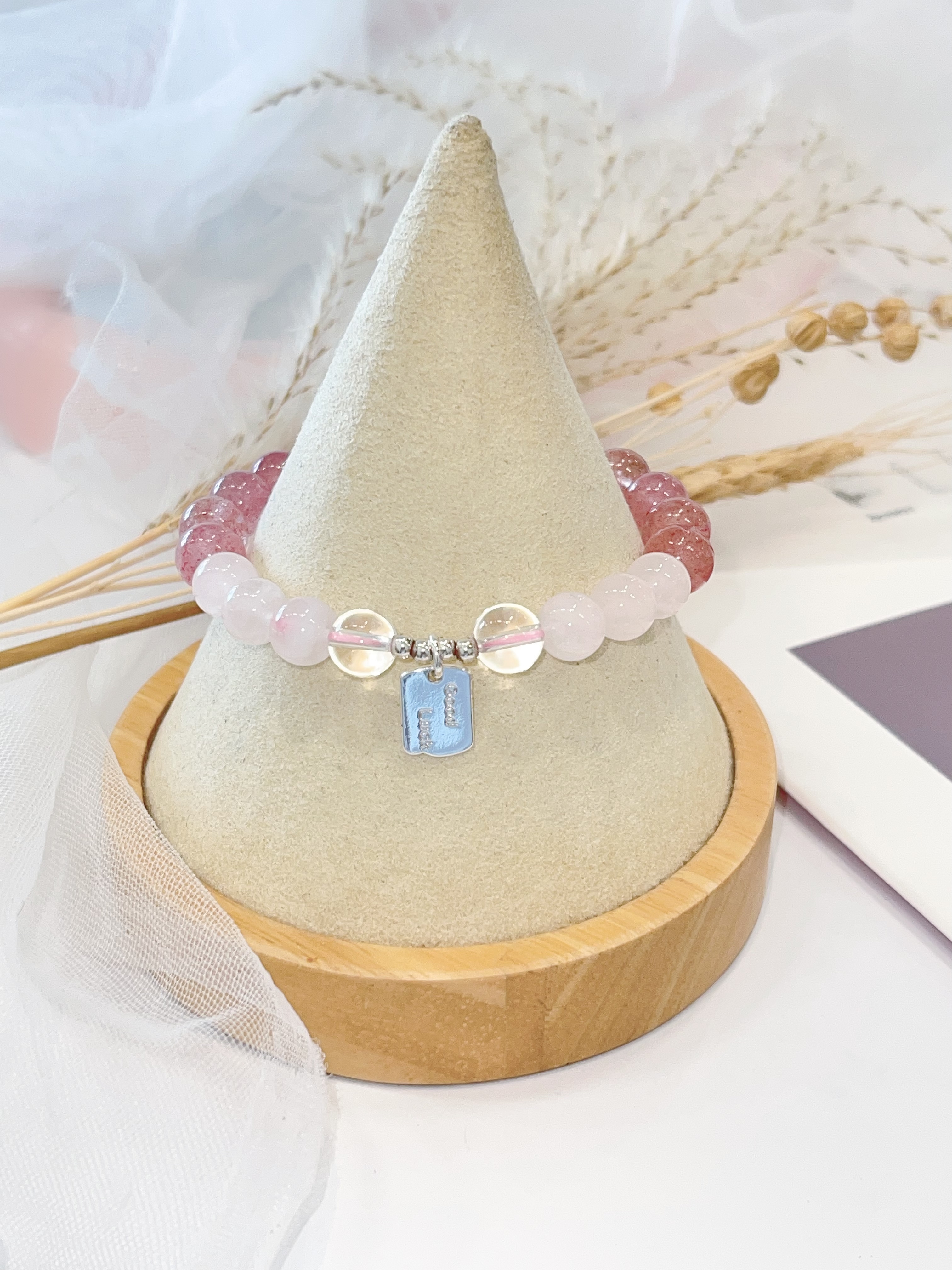 🍓 草莓晶 × 粉水晶手串 Strawberry & Rose Quartz｜9mm 对半款